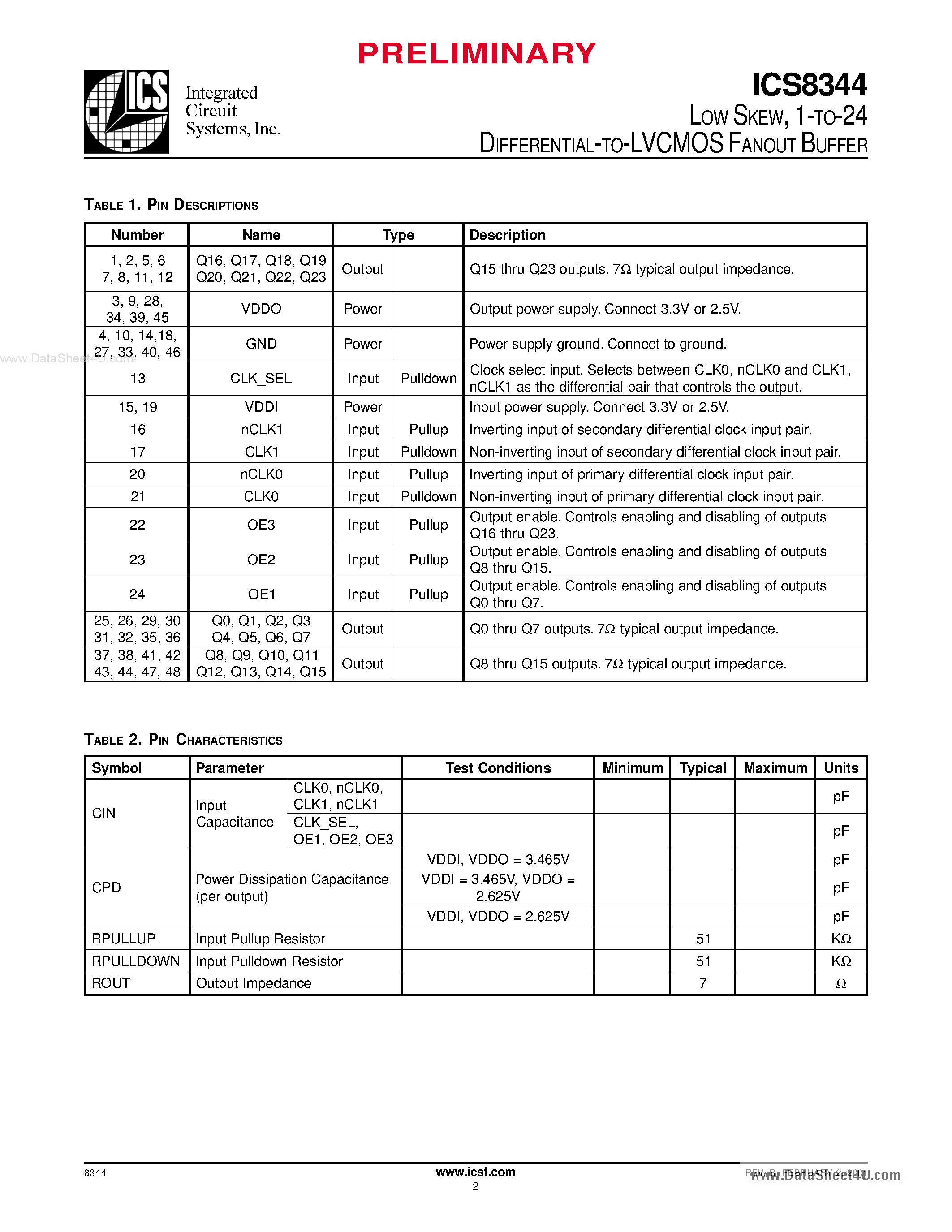 Datasheet ICS8344 - 1-TO-24 DIFFERENTIAL-TO-LVCMOS FANOUT BUFFER page 2