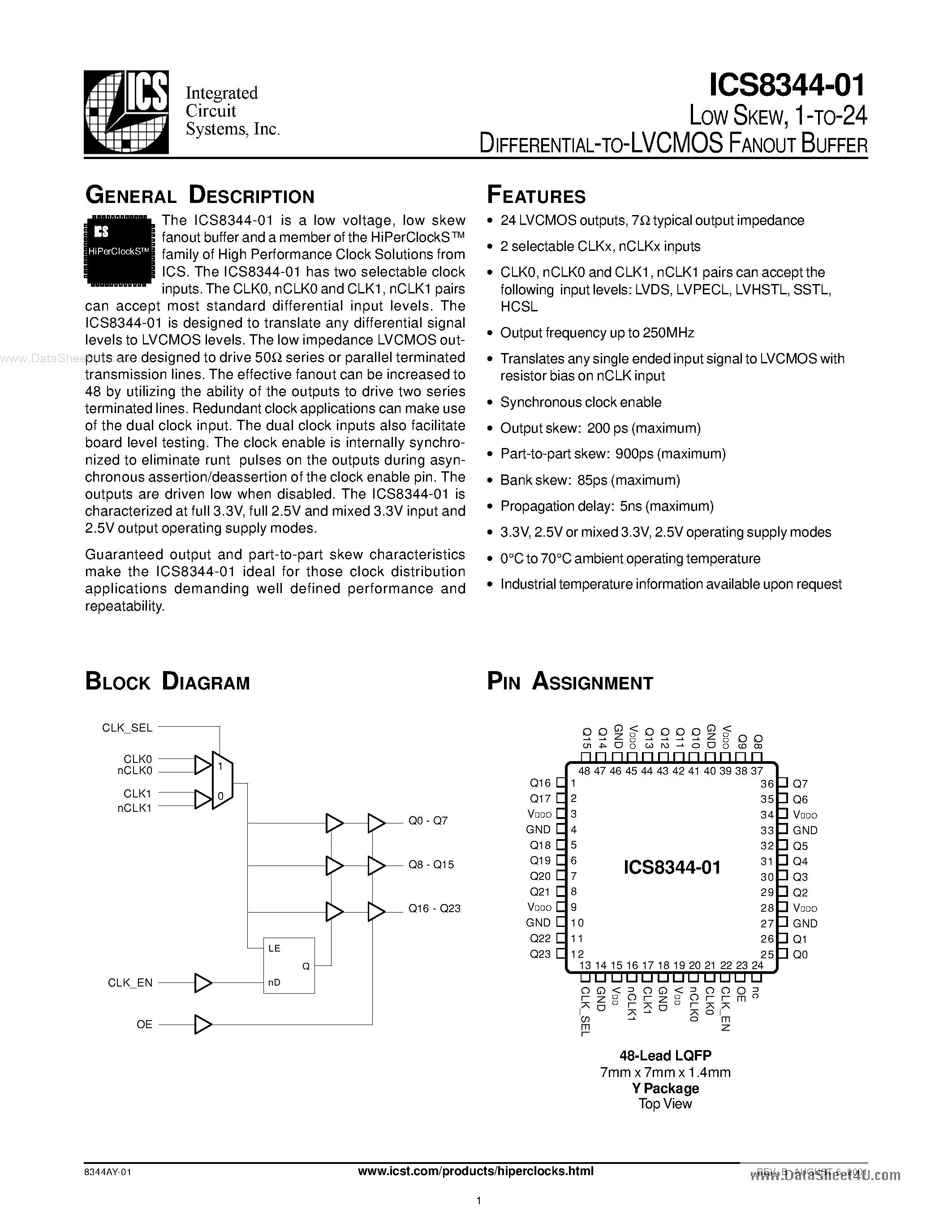 Datasheet ICS8344-01 - 1-TO-24 DIFFERENTIAL-TO-LVCMOS FANOUT BUFFER page 1