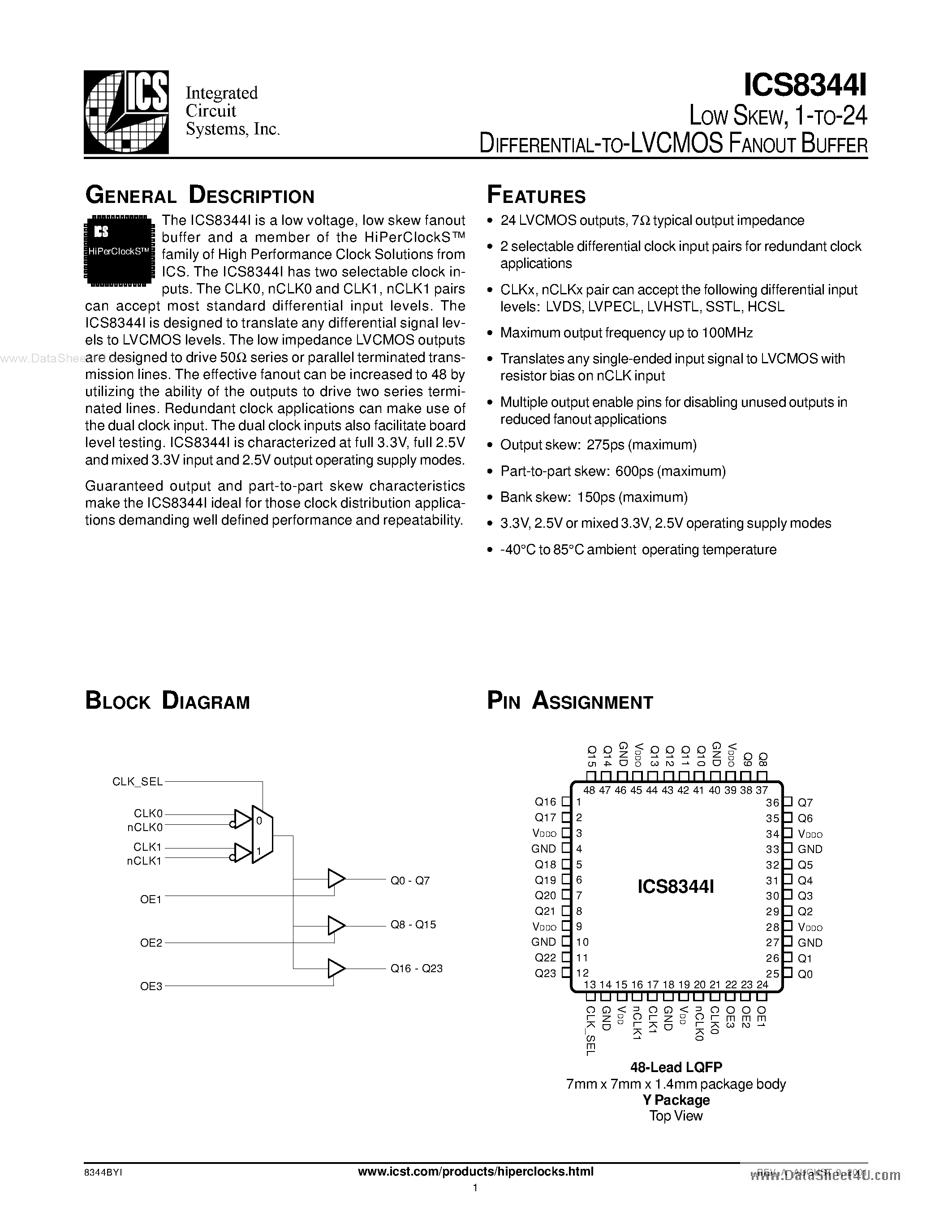 Datasheet ICS8344I - 1-TO-24 DIFFERENTIAL-TO-LVCMOS FANOUT BUFFER page 1