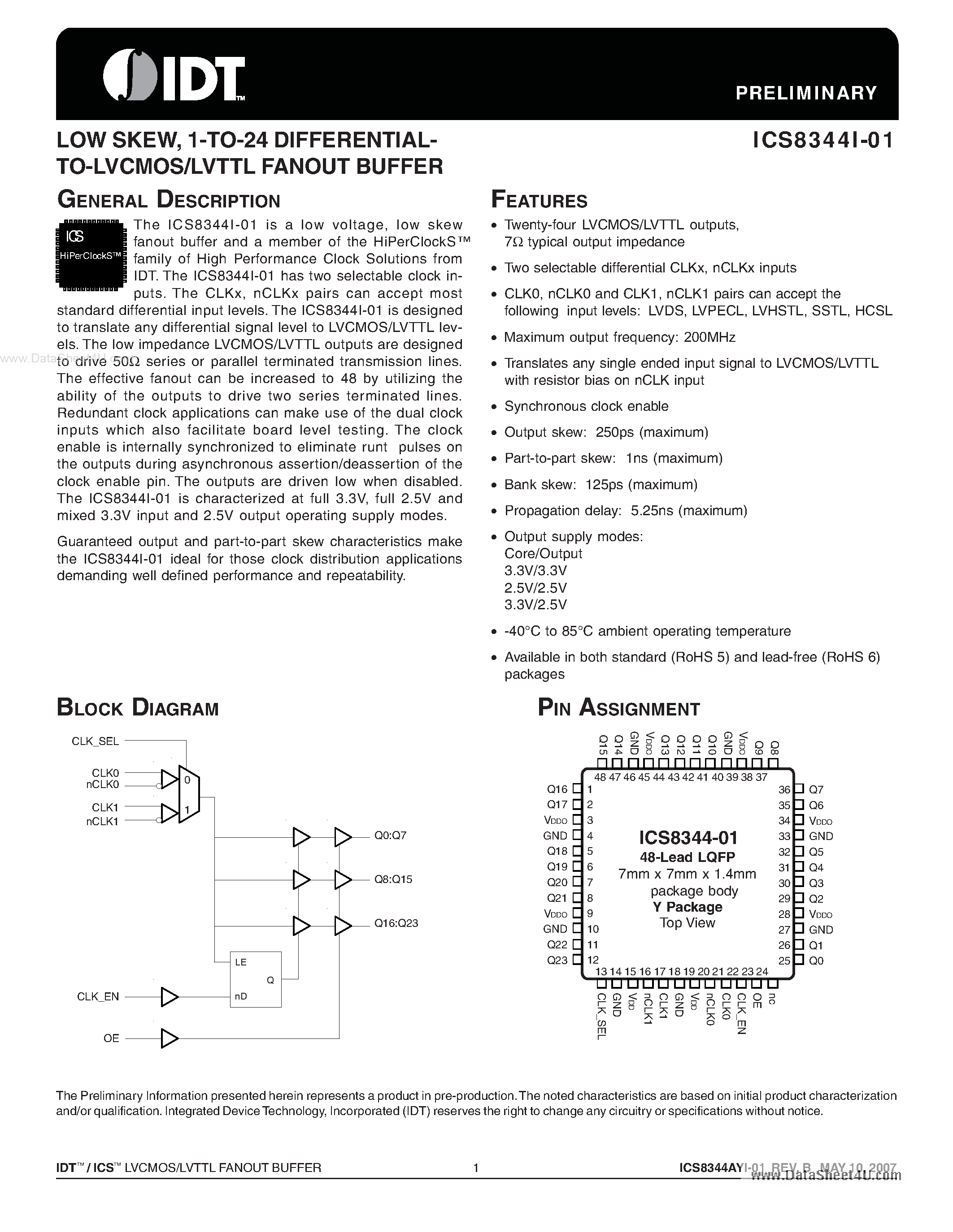 Datasheet ICS8344I-01 - 1-TO-24 DIFFERENTIAL -TO-LVCMOS/LVTTL FANOUT BUFFER page 1