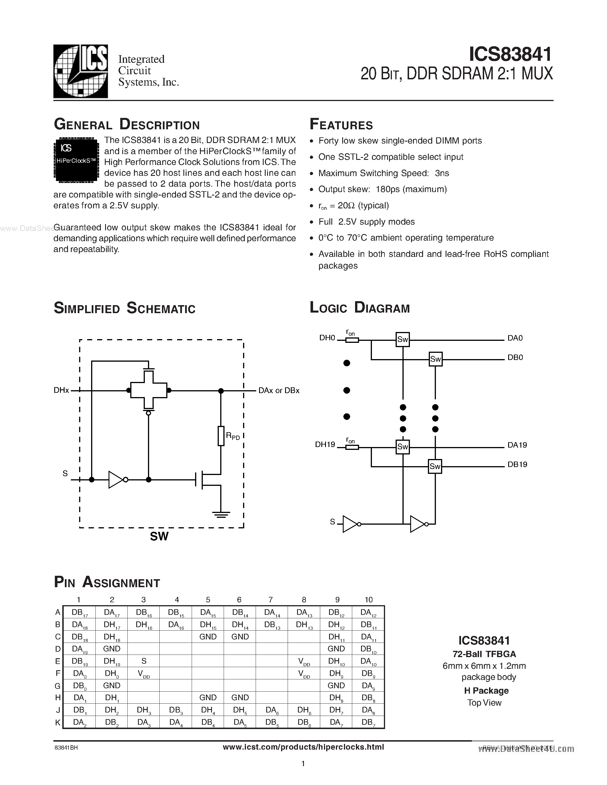Datasheet ICS83841 page 1 Datasheet ICS83841 - DDR SDRAM 2:1 MUX page 1