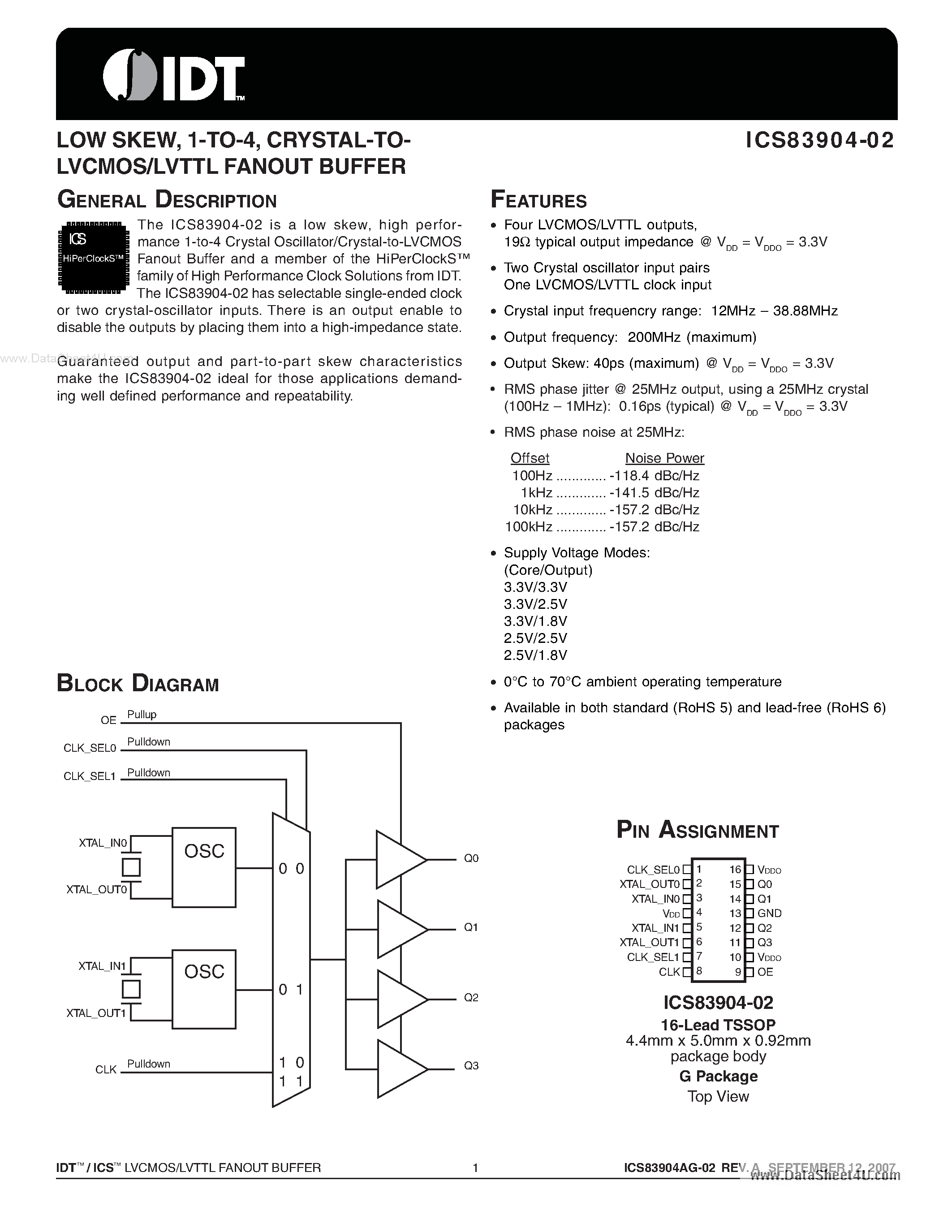 Datasheet ICS83904-02 page 1 Datasheet ICS83904-02 - CRYSTAL-TOLVCMOS/LVTTL FANOUT BUFFER page 1