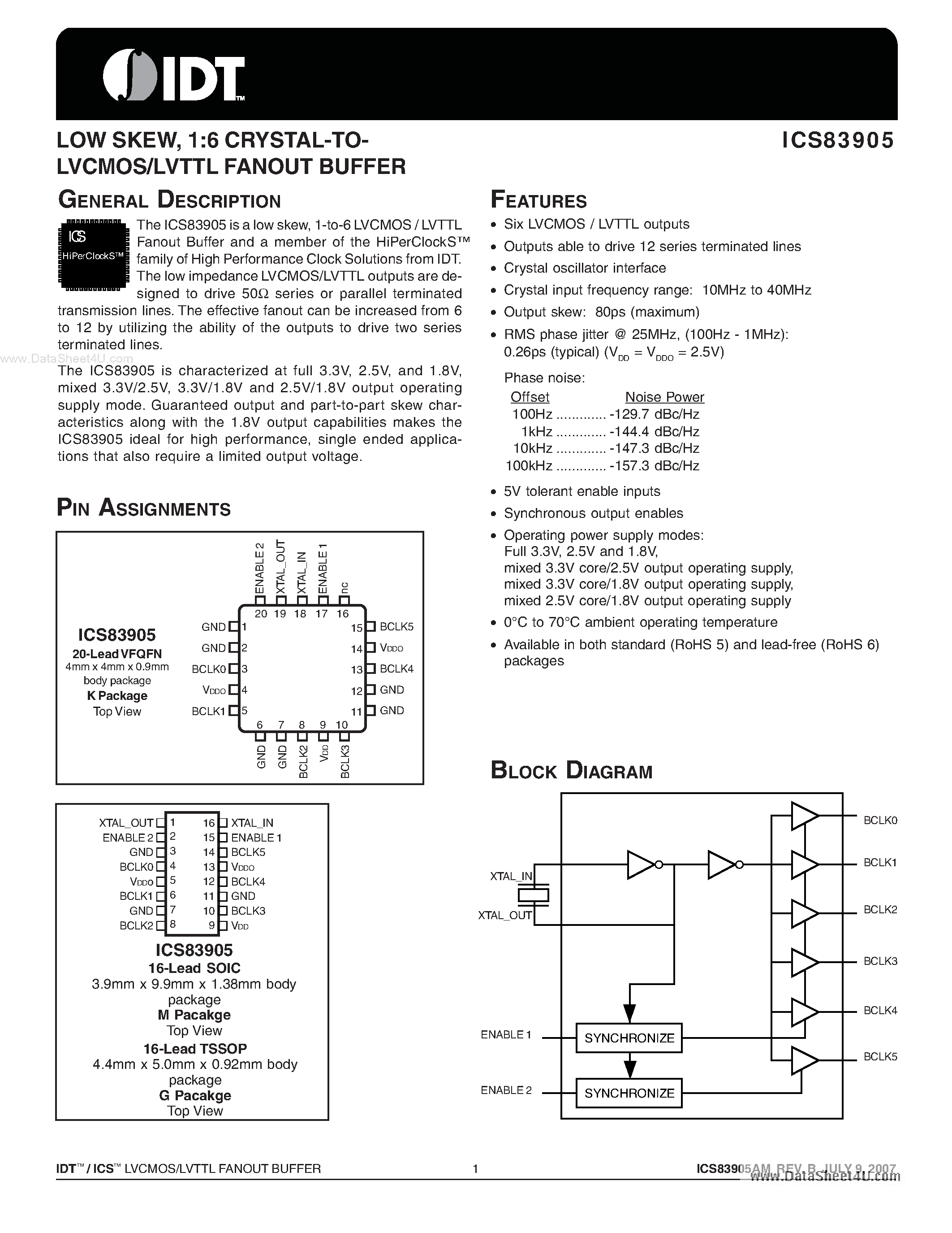 Datasheet ICS83905 - 1:6 CRYSTAL-TO-LVCMOS/LVTTL FANOUT BUFFER page 1
