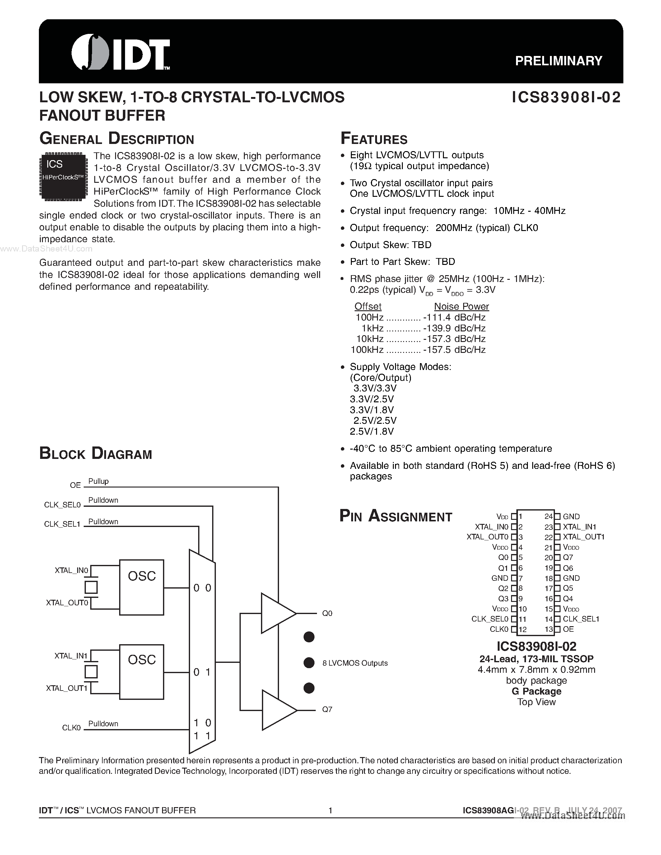Datasheet ICS83908I-02 - 1-TO-8 CRYSTAL-TO-LVCMOS FANOUT BUFFER page 1