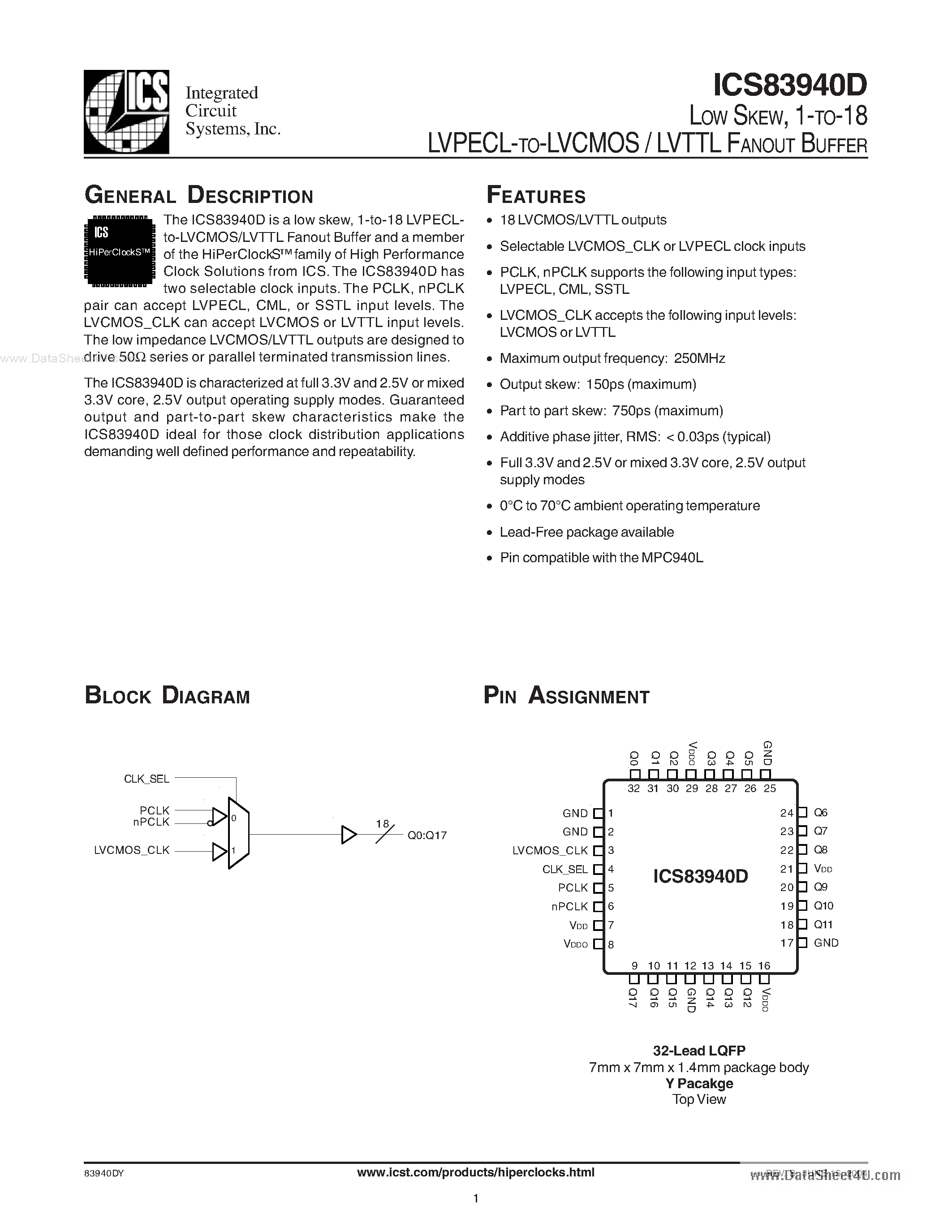 Datasheet ICS83940D - 1-TO-18 LVPECL-TO-LVCMOS / LVTTL FANOUT BUFFER page 1
