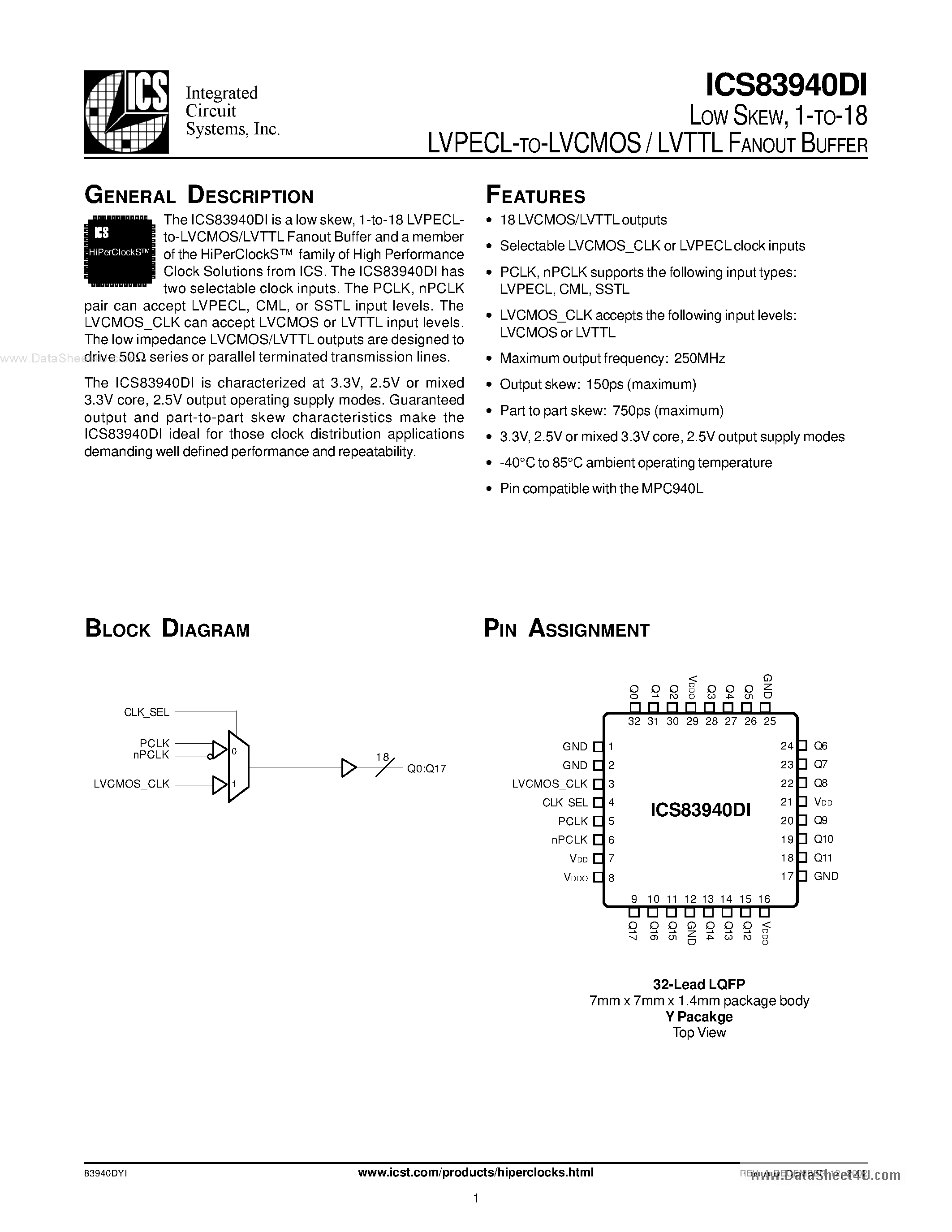 Datasheet ICS83940DI - 1-TO-18 LVPECL-TO-LVCMOS / LVTTL FANOUT BUFFER page 1