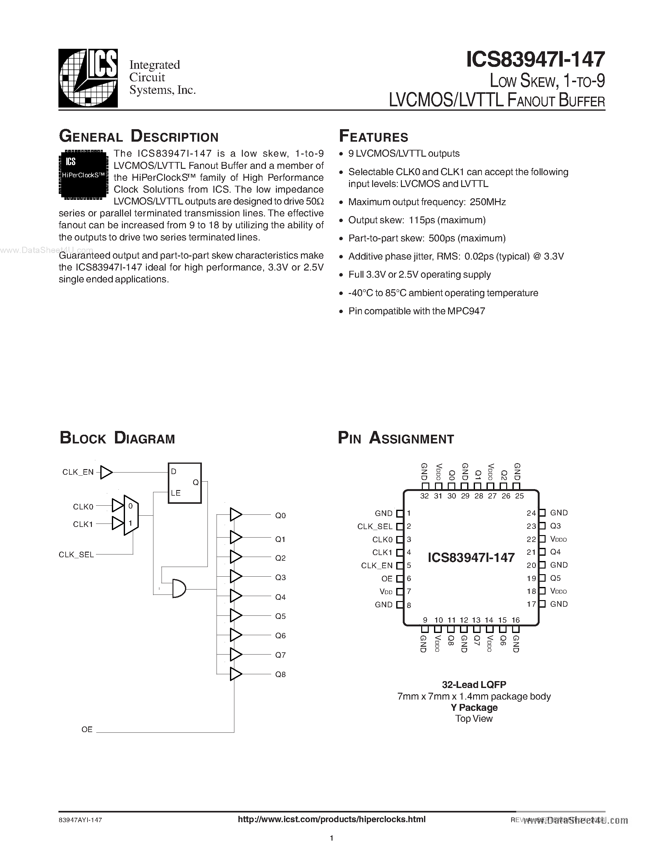 Datasheet ICS83947I-147 - 1-TO-9 LVCMOS FANOUT BUFFER page 1