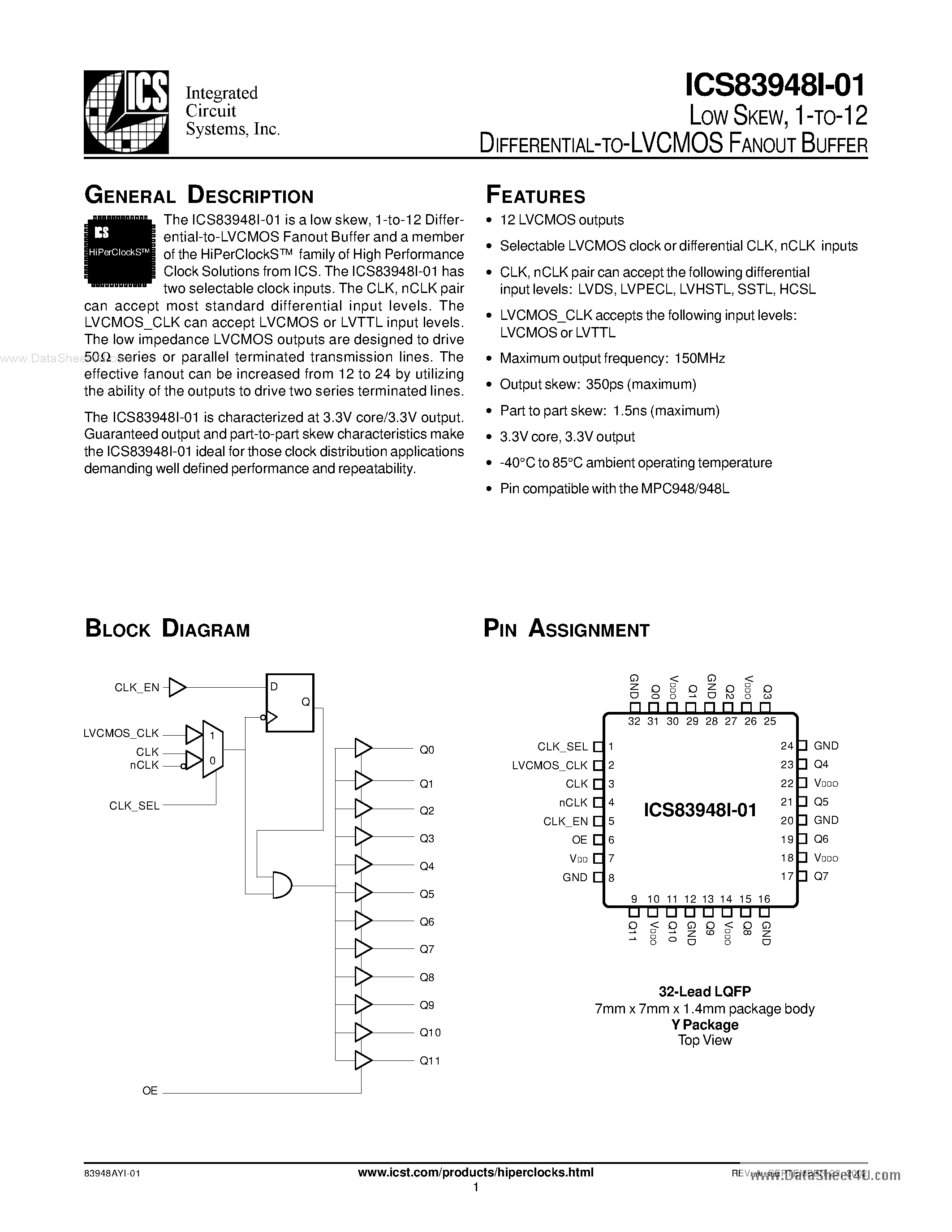 Datasheet ICS83948I-01 - 1-TO-12 DIFFERENTIAL-TO-LVCMOS FANOUT BUFFER page 1