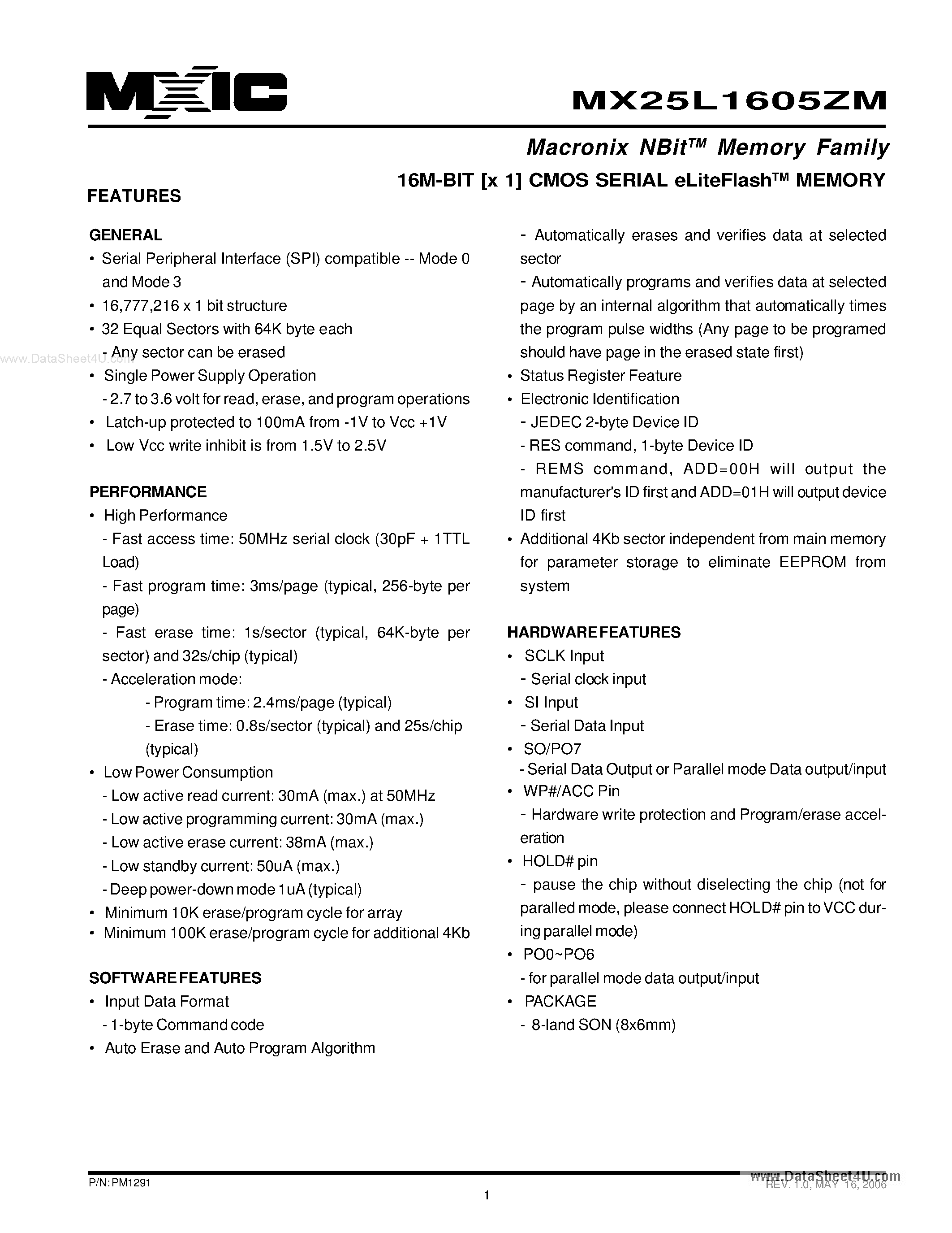 Datasheet MX25L1605ZM - 16M-BIT [x 1] CMOS SERIAL eLiteFlashTM MEMORY page 1