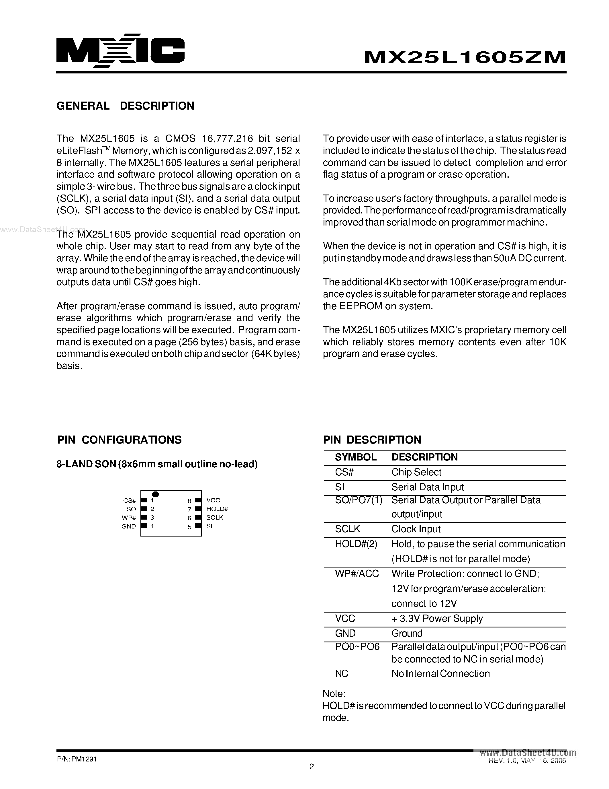 Datasheet MX25L1605ZM - 16M-BIT [x 1] CMOS SERIAL eLiteFlashTM MEMORY page 2