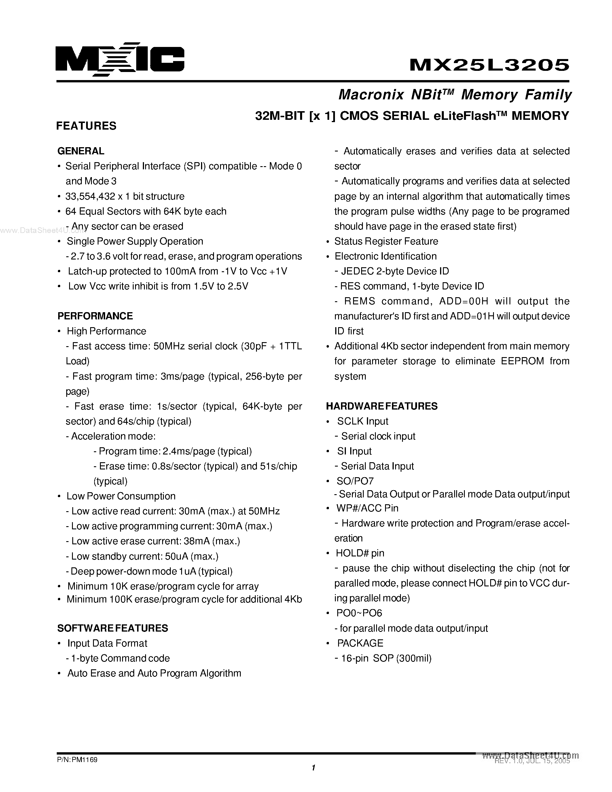Datasheet MX25L3205 - 32M-BIT [x 1] CMOS SERIAL eLiteFlashTM MEMORY page 1