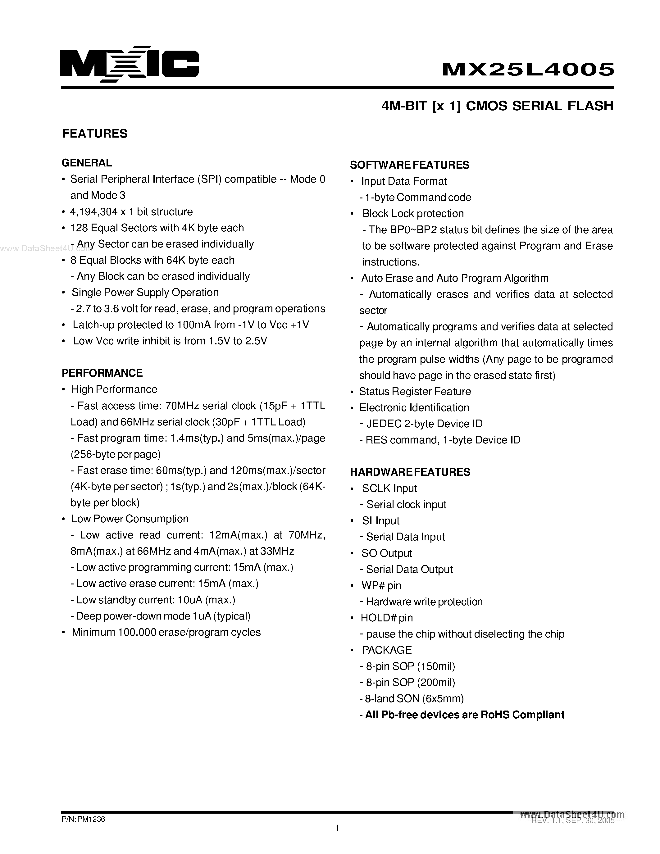 Datasheet MX25L4005 - 4M-BIT [x 1] CMOS SERIAL FLASH page 1