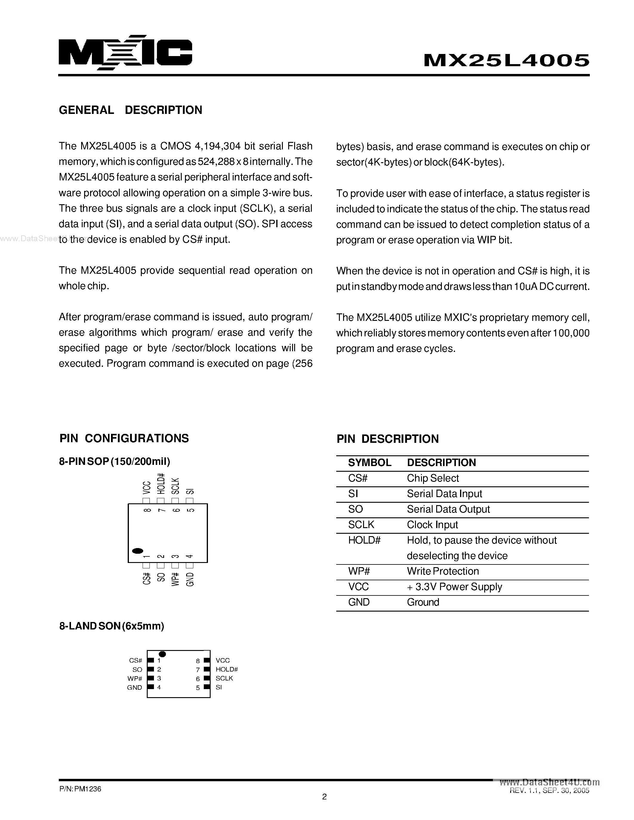 Datasheet MX25L4005 - 4M-BIT [x 1] CMOS SERIAL FLASH page 2