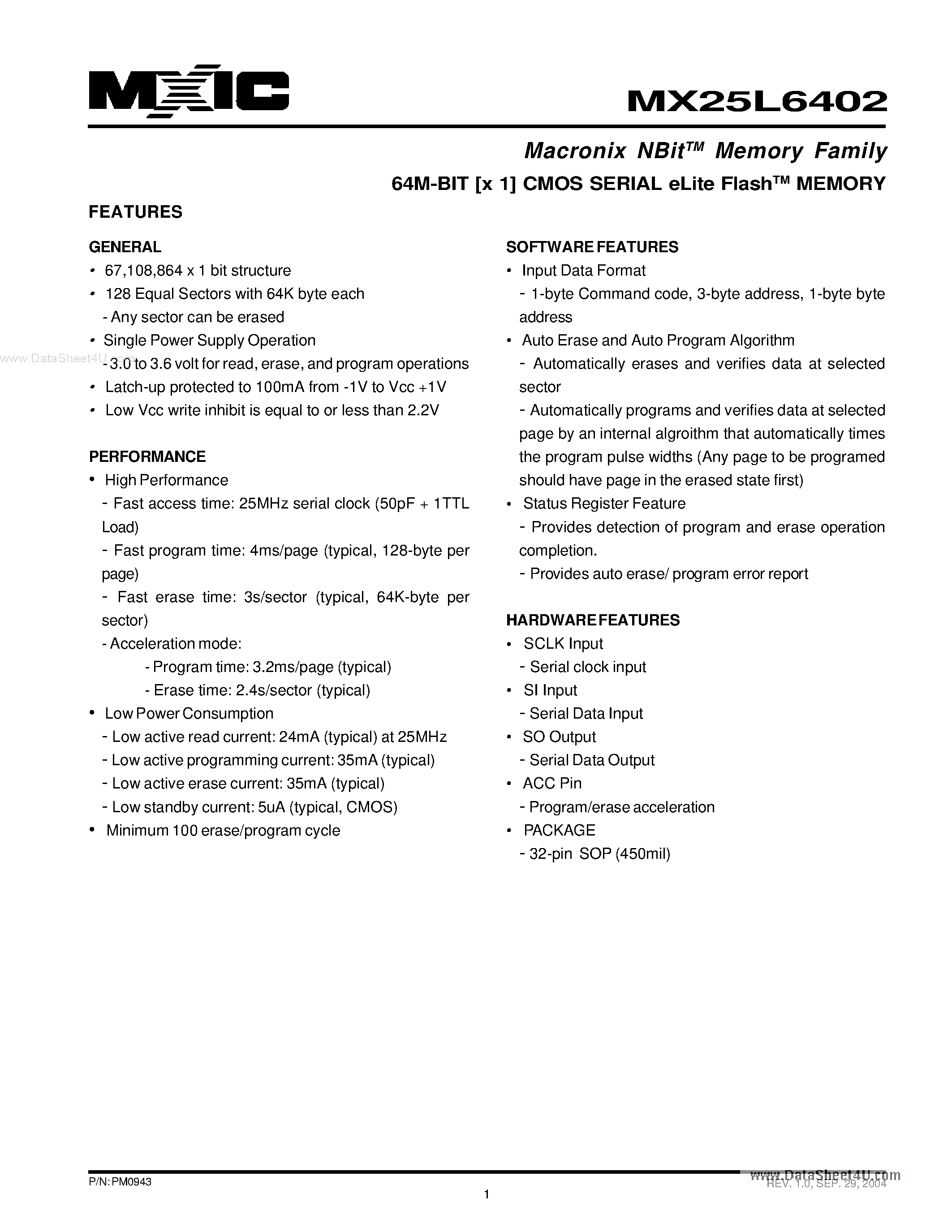 Datasheet MX25L6402 - 64M-BIT [x 1] CMOS SERIAL eLite FlashTM MEMORY page 1