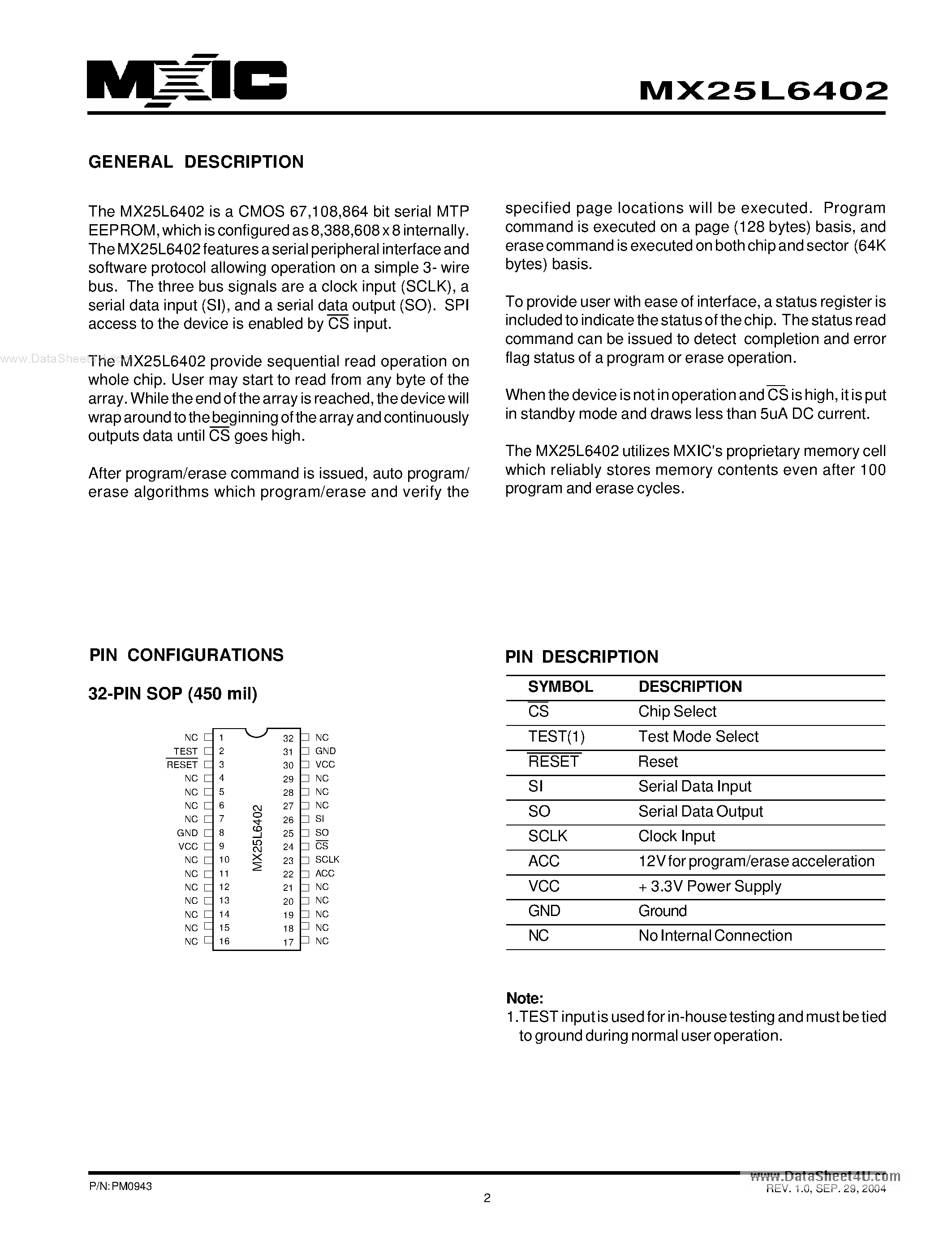 Datasheet MX25L6402 - 64M-BIT [x 1] CMOS SERIAL eLite FlashTM MEMORY page 2