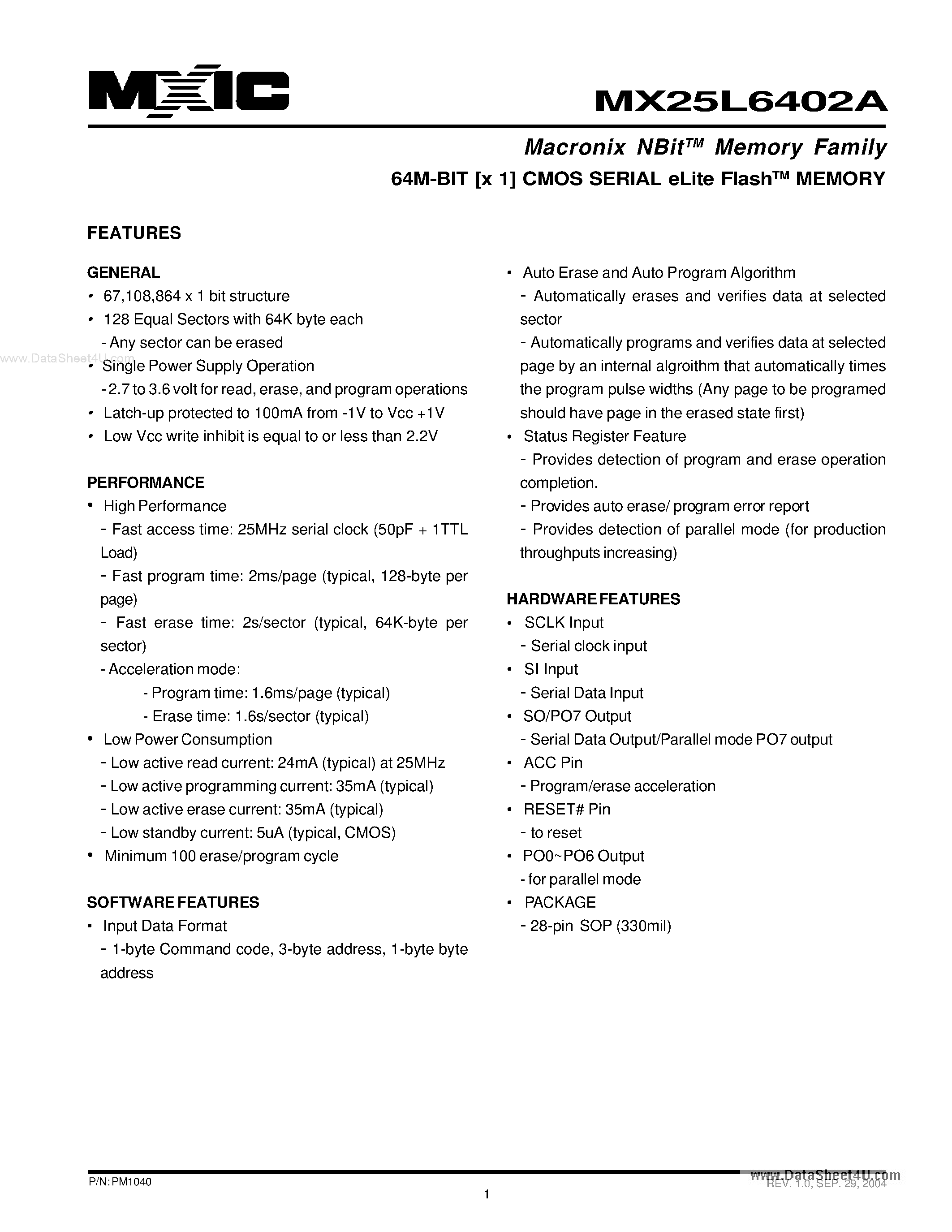 Datasheet MX25L6402A - 64M-BIT [x 1] CMOS SERIAL eLite FlashTM MEMORY page 1