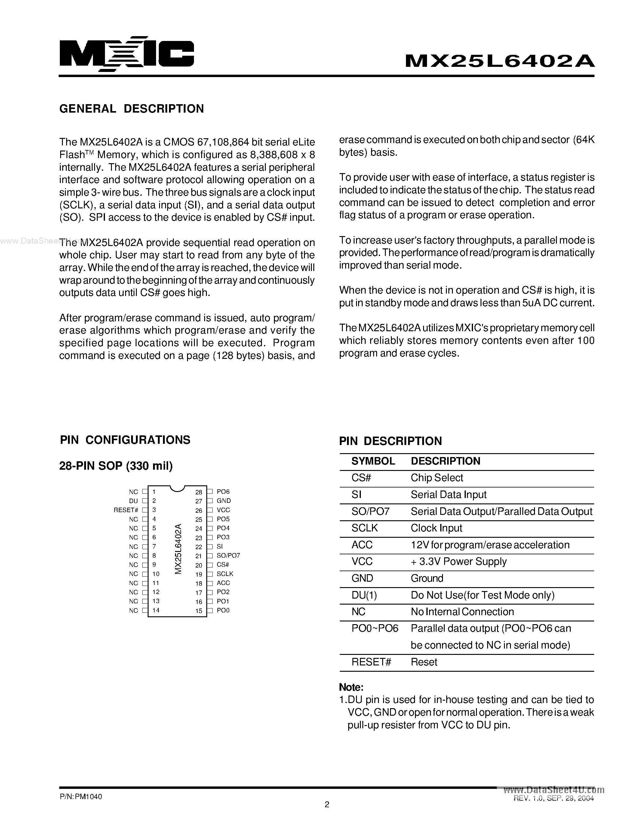 Datasheet MX25L6402A - 64M-BIT [x 1] CMOS SERIAL eLite FlashTM MEMORY page 2