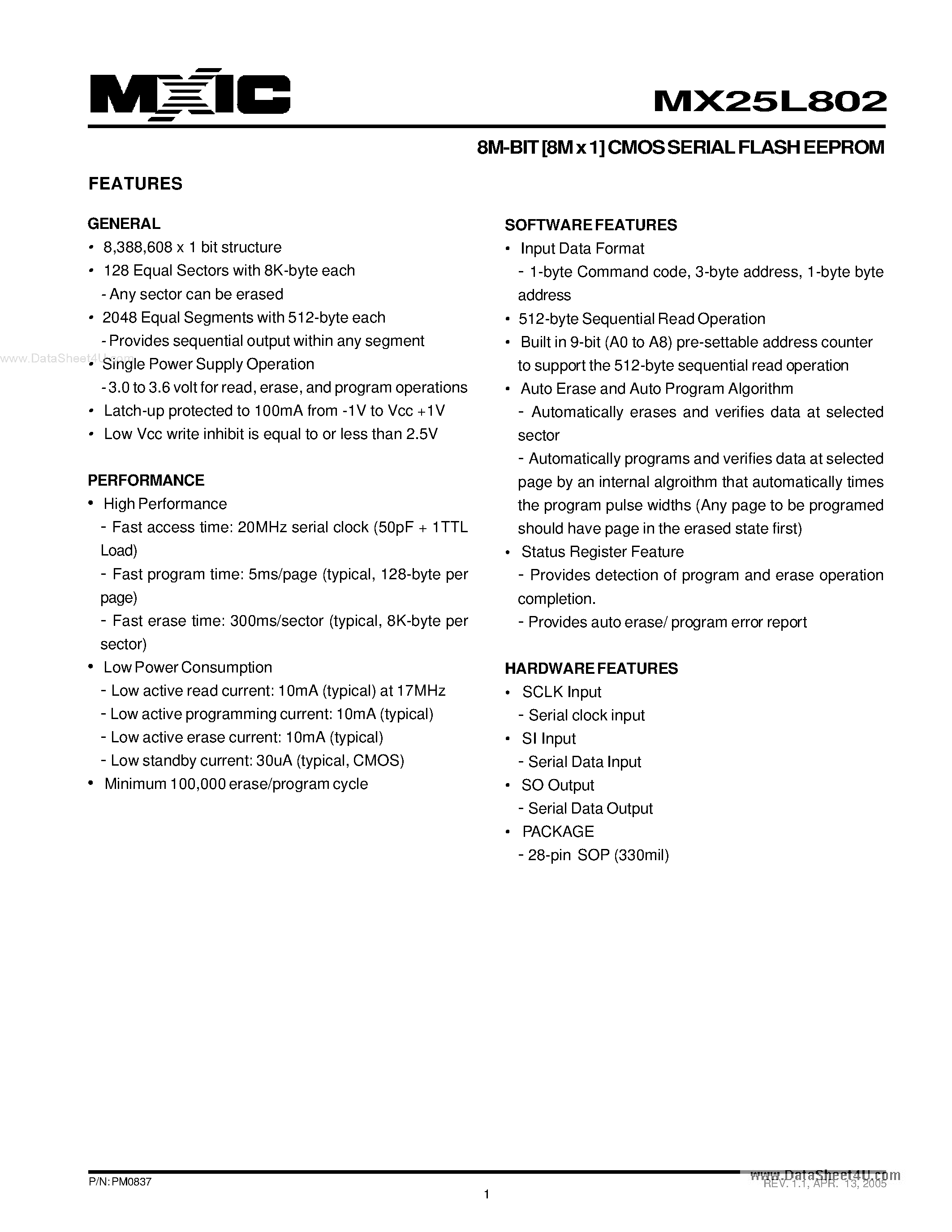 Datasheet MX25L802 - 8M-BIT [8M x 1] CMOS SERIAL FLASH EEPROM page 1