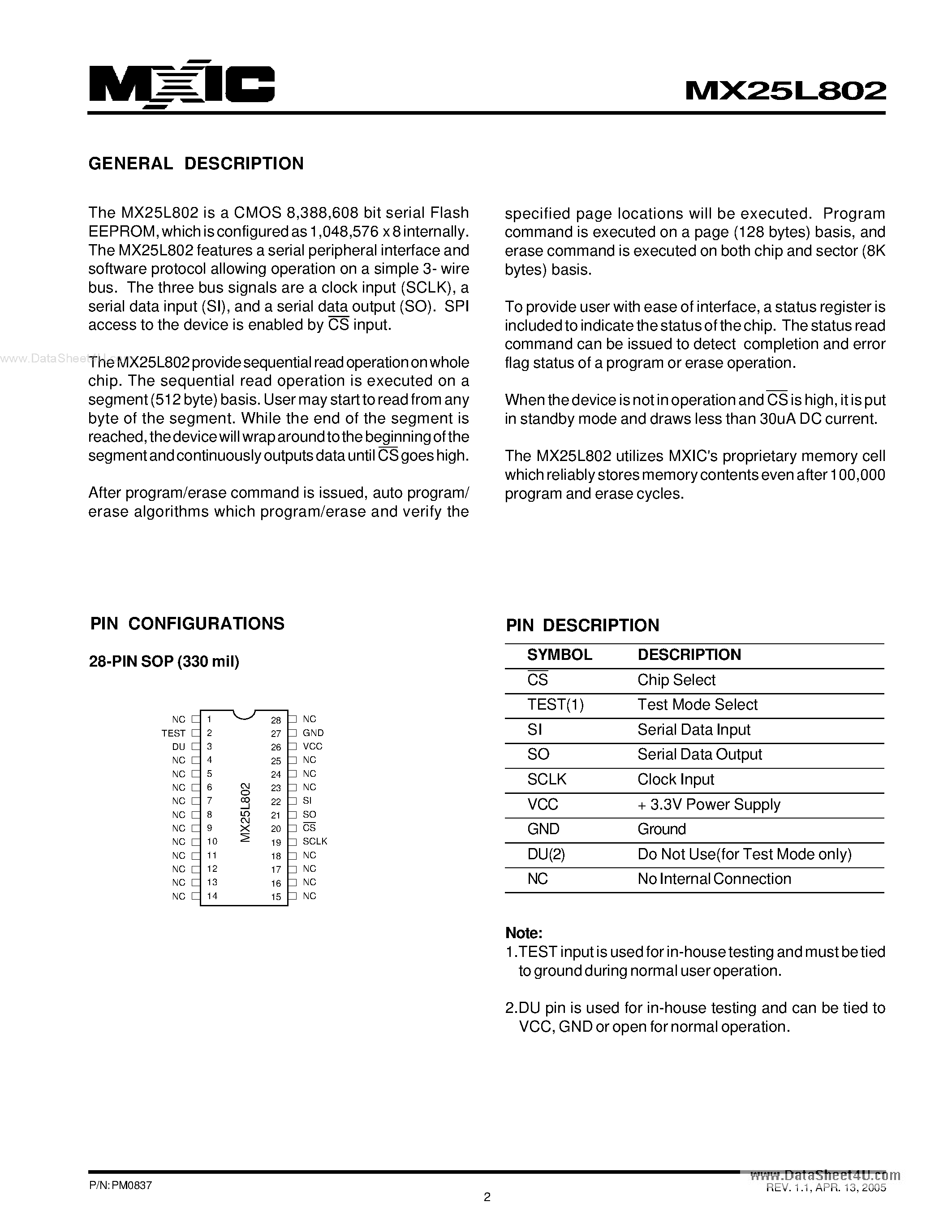 Datasheet MX25L802 - 8M-BIT [8M x 1] CMOS SERIAL FLASH EEPROM page 2