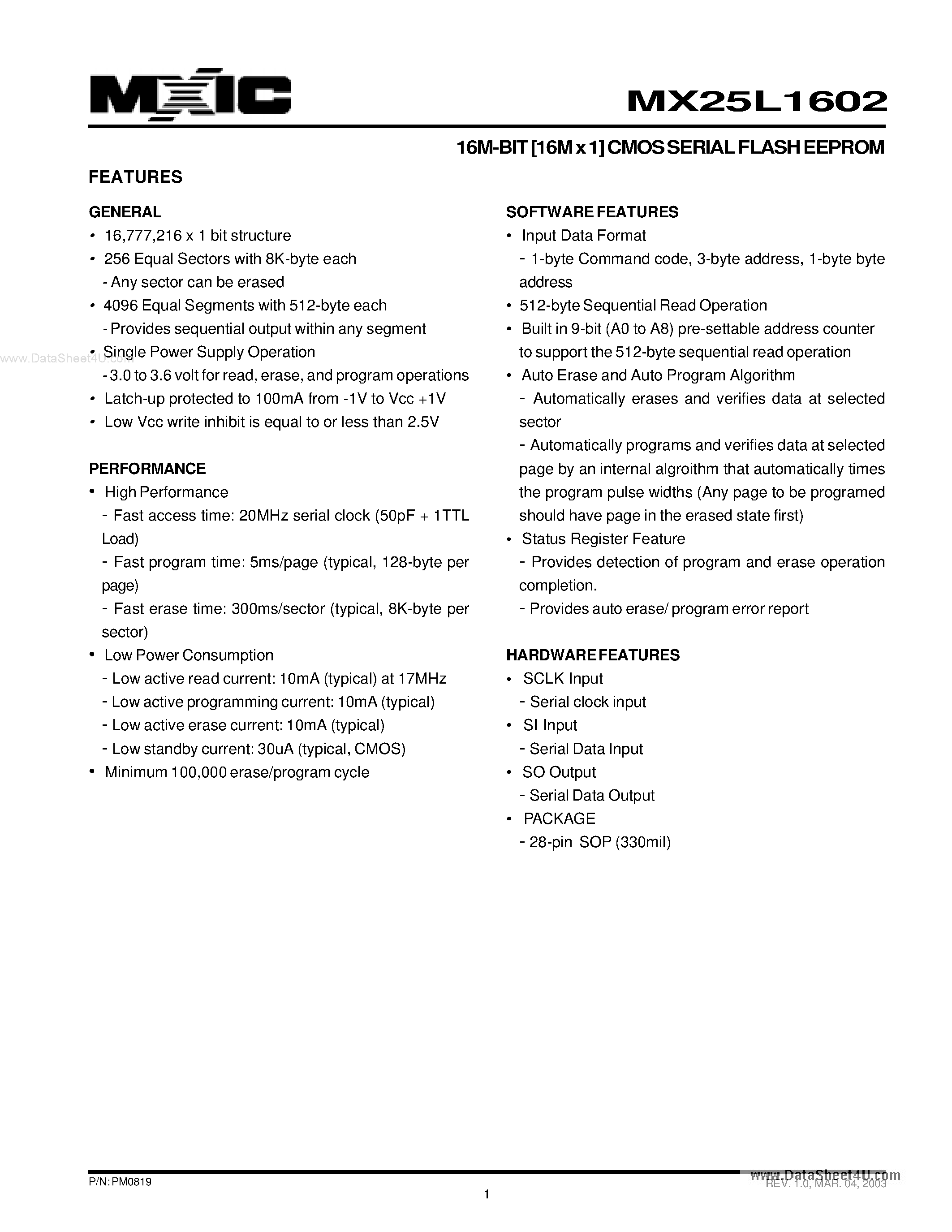 Datasheet MX25L1602 - 16M-BIT [16M x 1] CMOS SERIAL FLASH EEPROM page 1