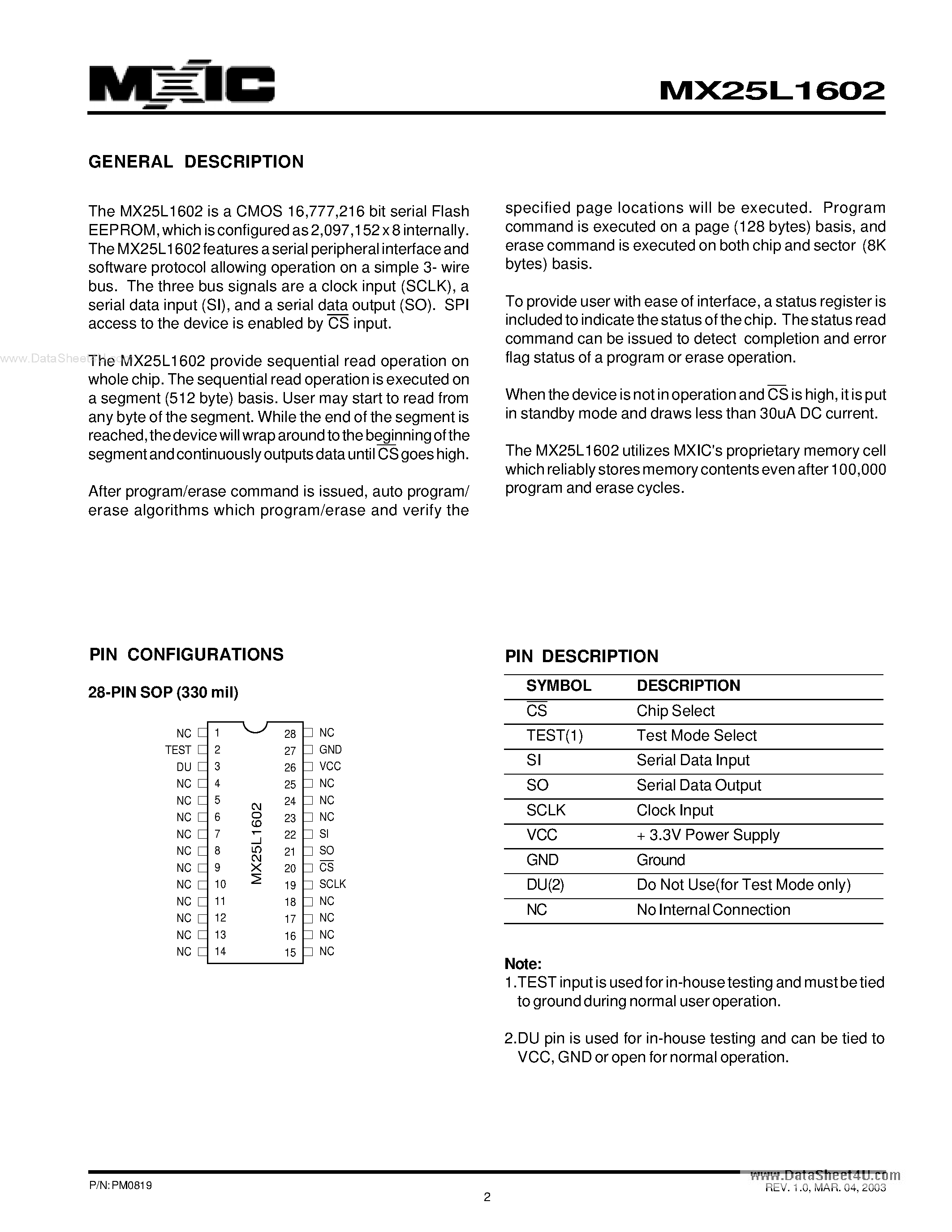 Datasheet MX25L1602 - 16M-BIT [16M x 1] CMOS SERIAL FLASH EEPROM page 2