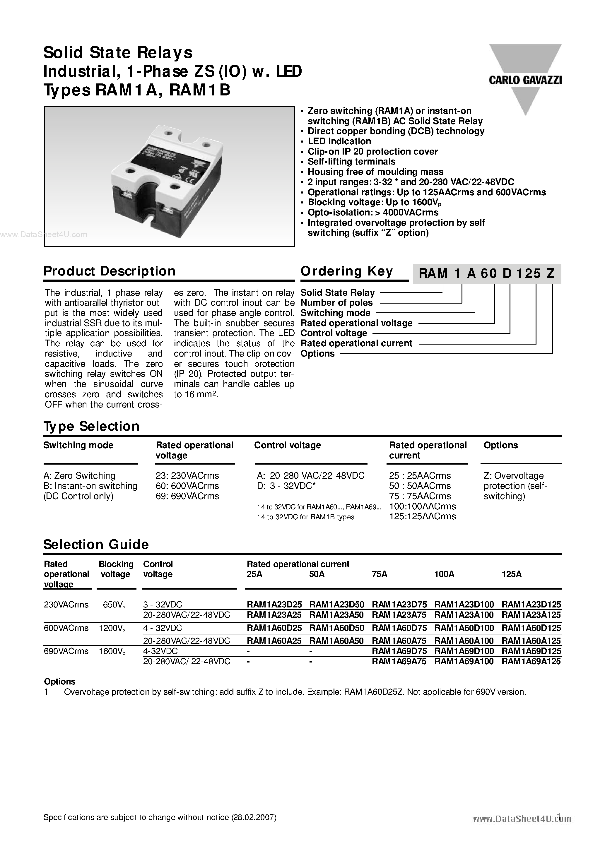 Даташит RAM1A - SOLID STATE RELAYS INDUSTRIAL страница 1