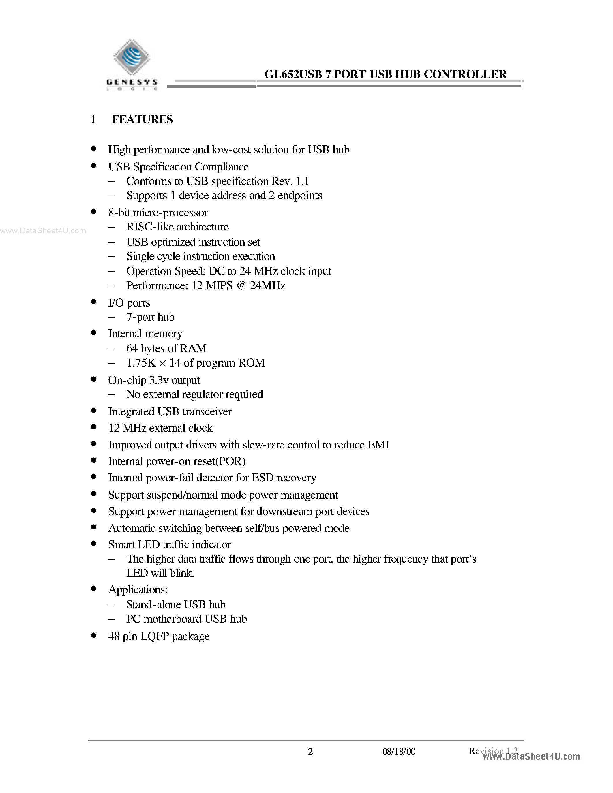 Datasheet GL652USB - USB 7 PORT HUB CONTROLLER page 2
