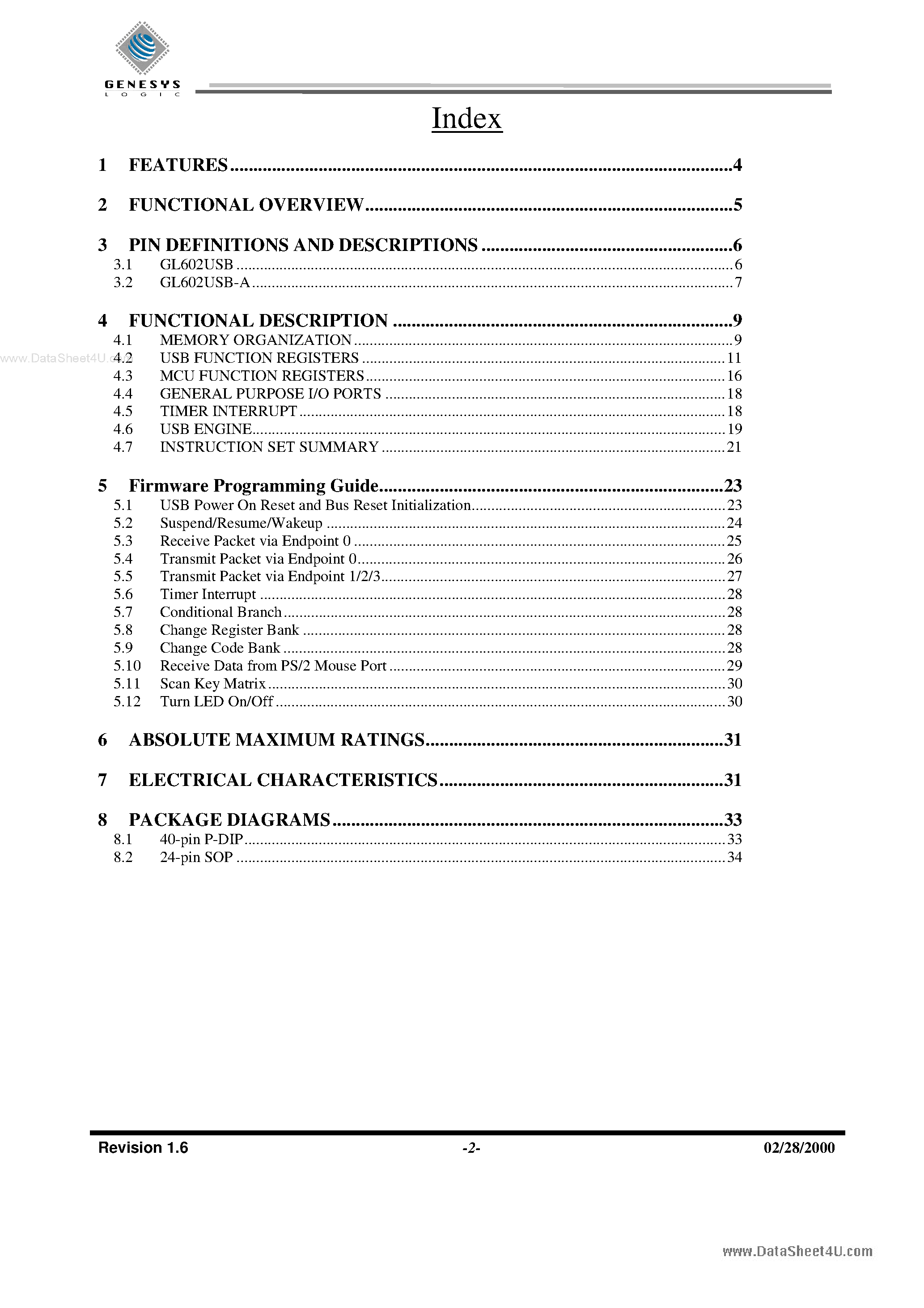 Datasheet GL602USB - USB KEYBOARD MICROCONTROLLER page 2
