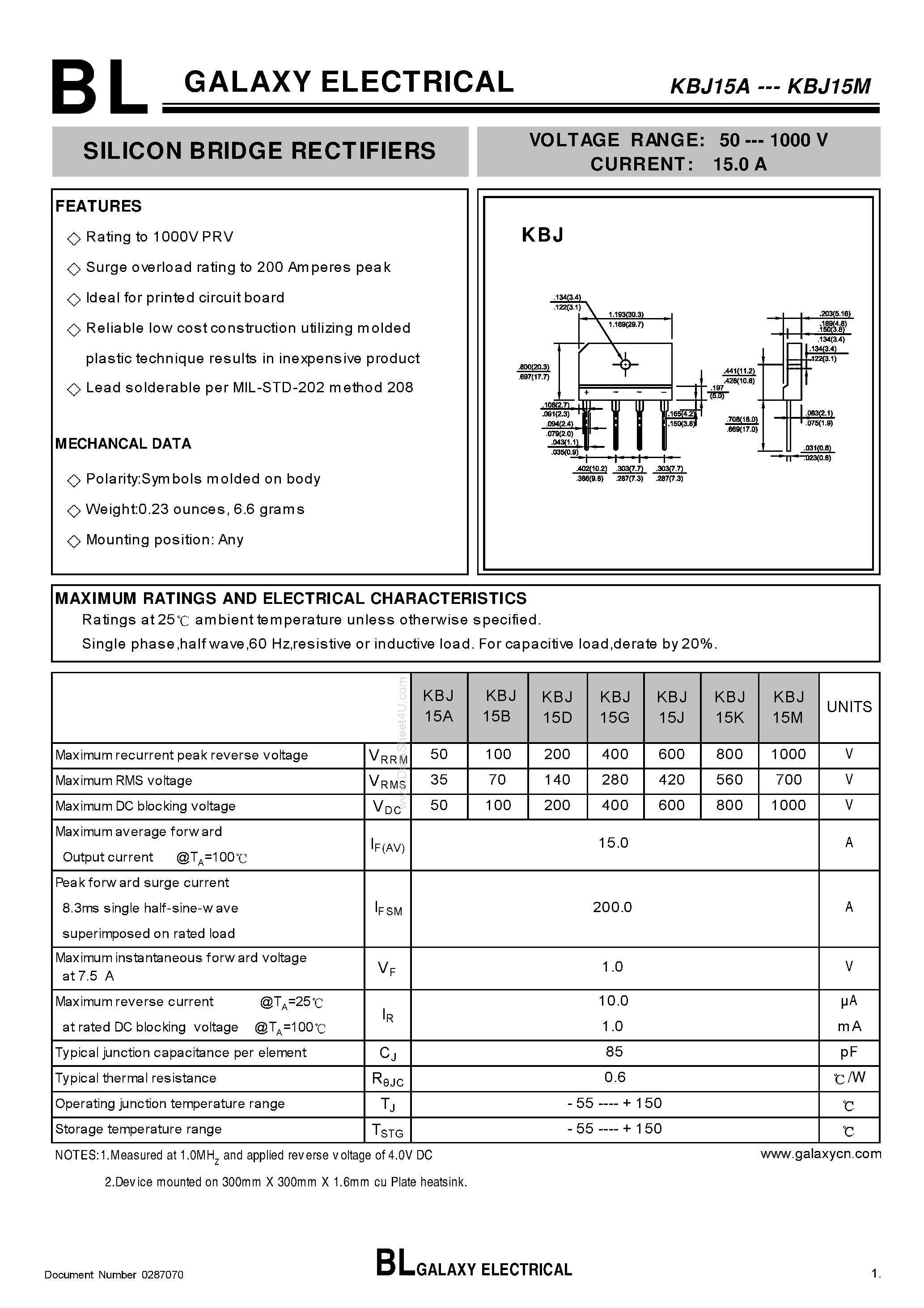 Datasheet KBJ15A page 1 Datasheet KBJ15A - (KBJ15x) SILICON BRIDGE RECTIFIERS page 1