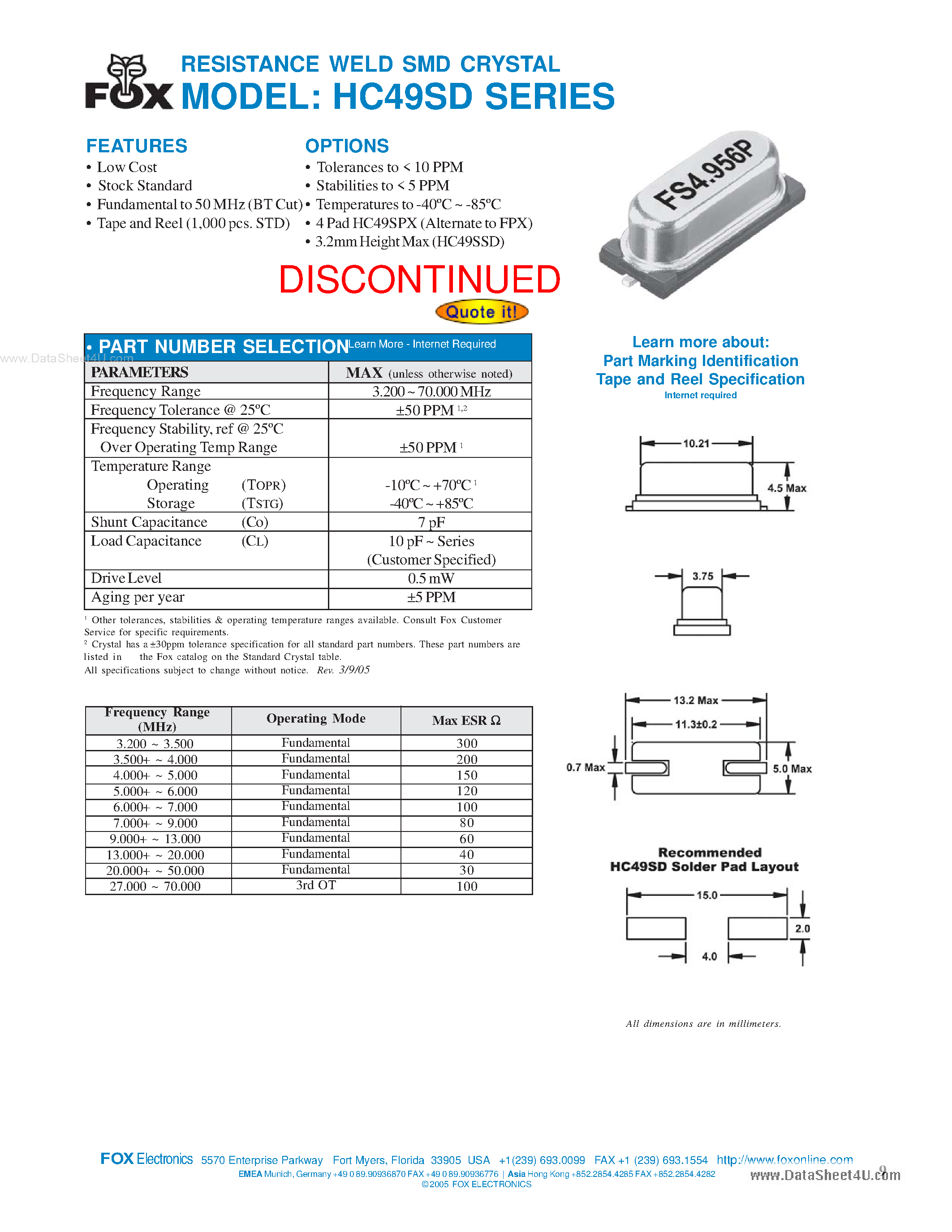 Даташит HC49SD - RESISTANCE WELD SMD CRYSTAL страница 1