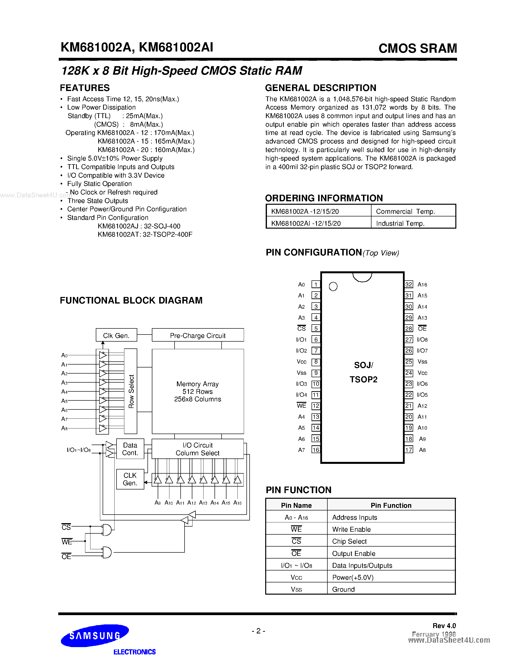 Даташит на микросхему KM681002A страница 2 Даташит KM681002A - 128Kx8 High Speed Static RAM страница 2