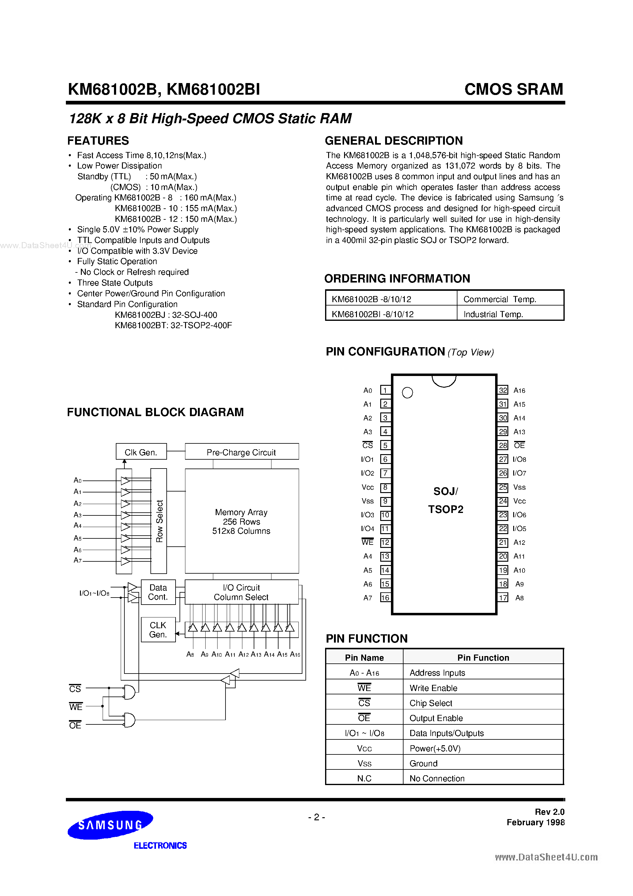 Даташит на микросхему KM681002B страница 2 Даташит KM681002B - 128Kx8 Bit High Speed Static RAM страница 2