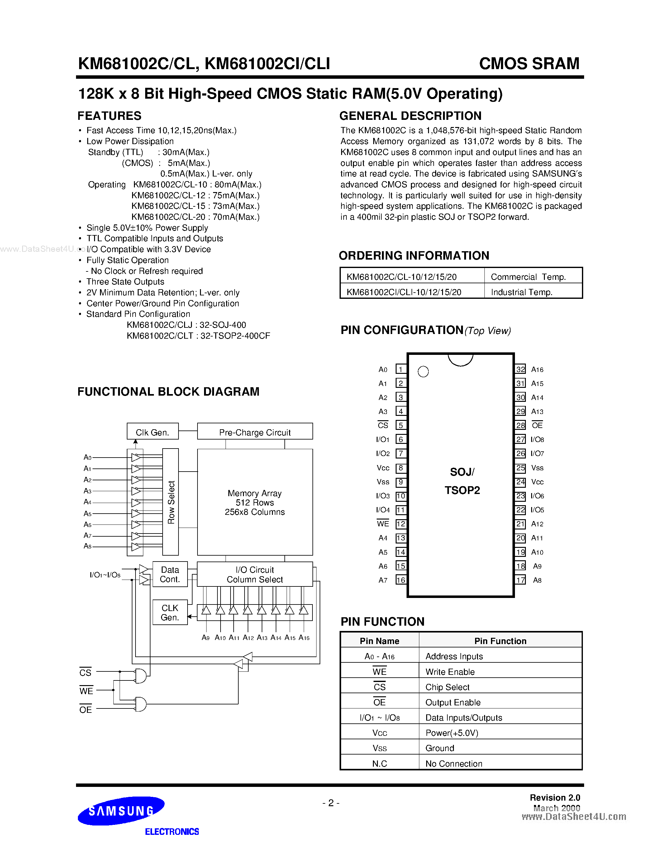 Даташит KM681002CI - 128Kx8 Bit High-Speed CMOS Static RAM страница 2