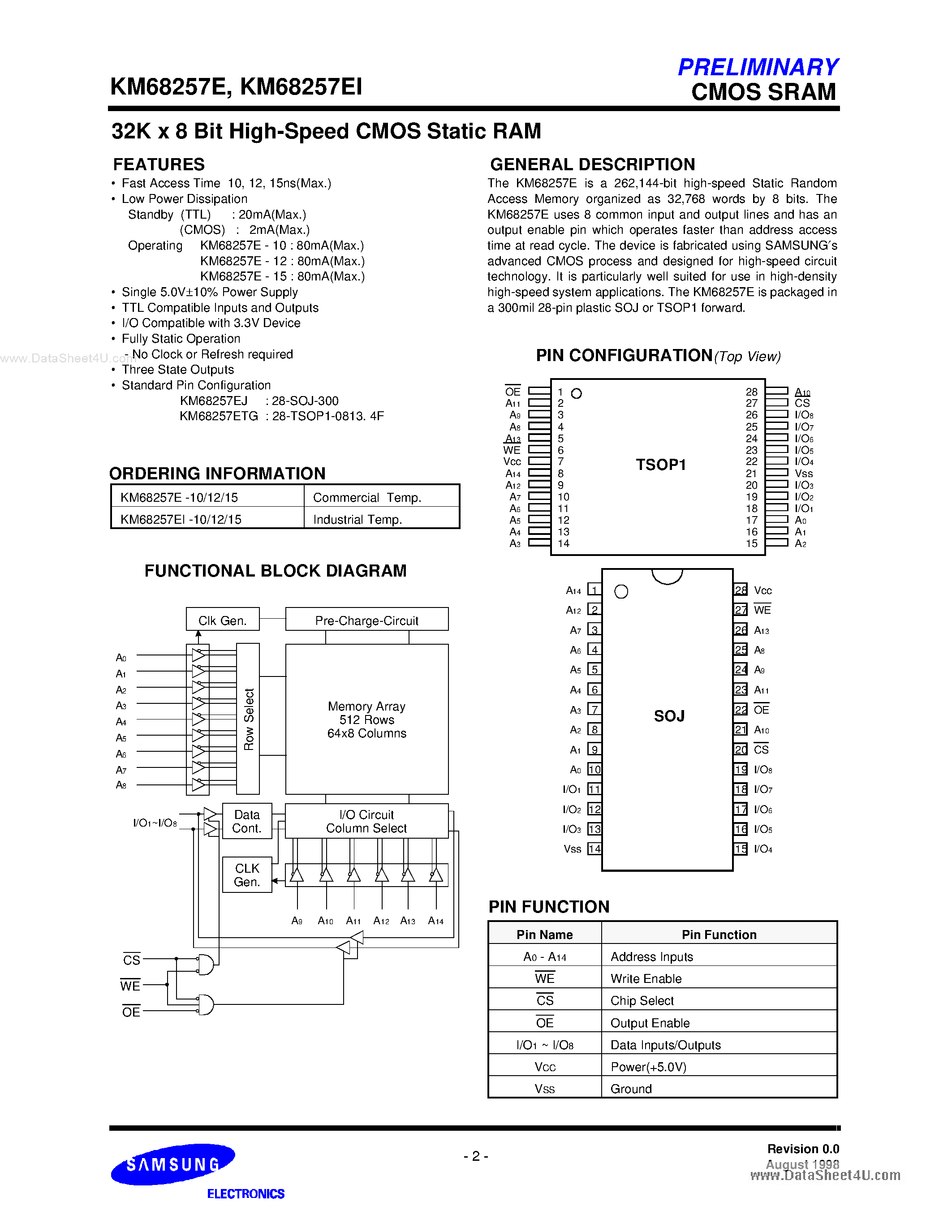 Даташит на микросхему KM68257E страница 2 Даташит KM68257E - 32Kx8 Bit High-Speed CMOS Static RAM страница 2