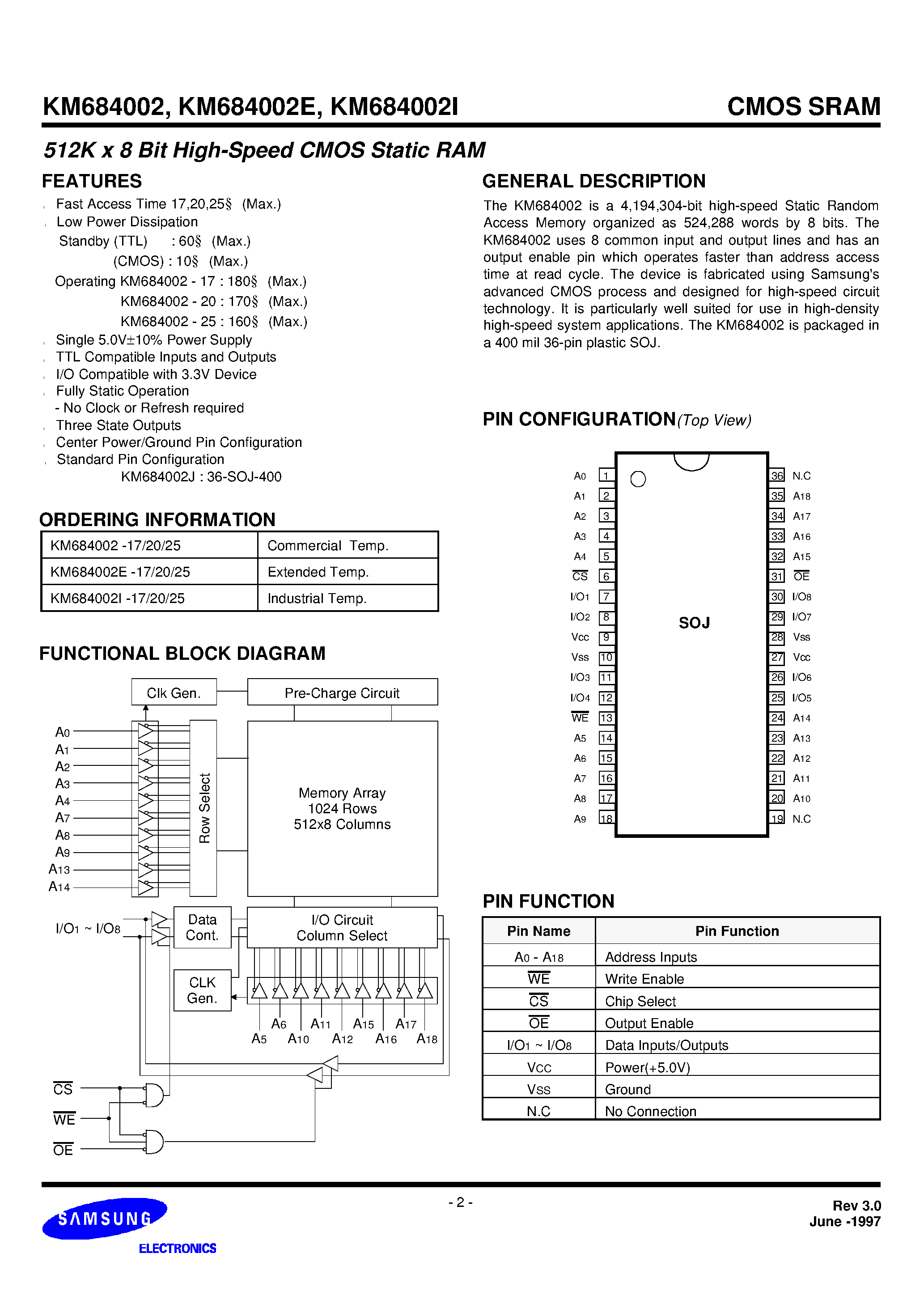 Даташит KM684002 - 512Kx8 Bit High Speed Static RAM страница 2