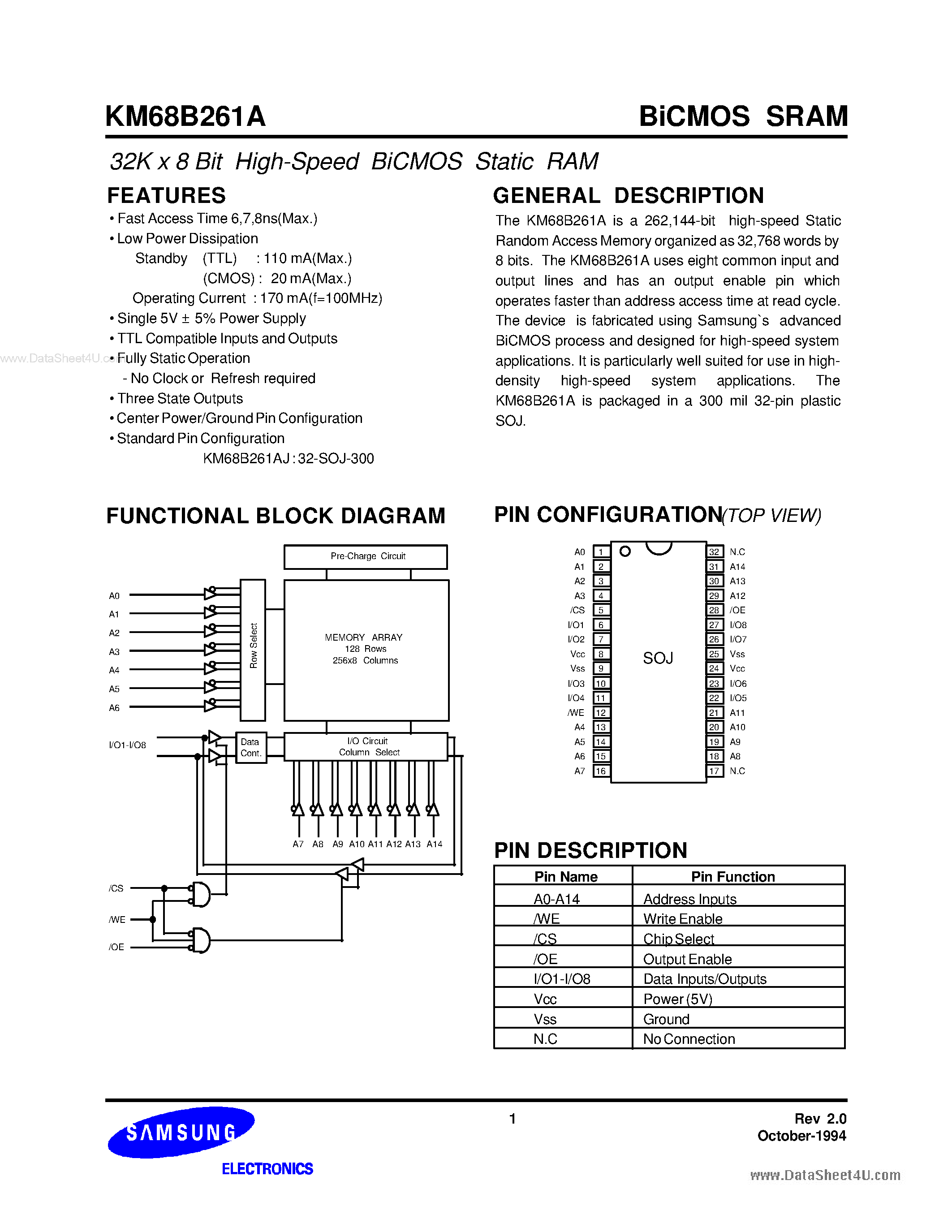 Даташит на микросхему KM68B261A страница 1 Даташит KM68B261A - 32K x 8 Bit High-Speed BiCMOS Static RAM страница 1