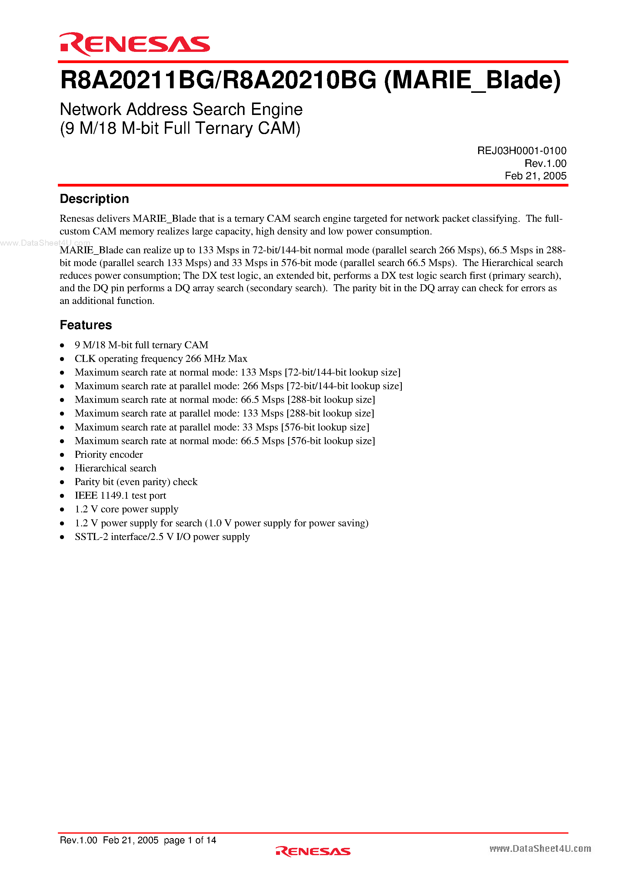 Datasheet R8A20210BG - (R8A20210BG / R8A20211BG) Network Address Search Engine page 1