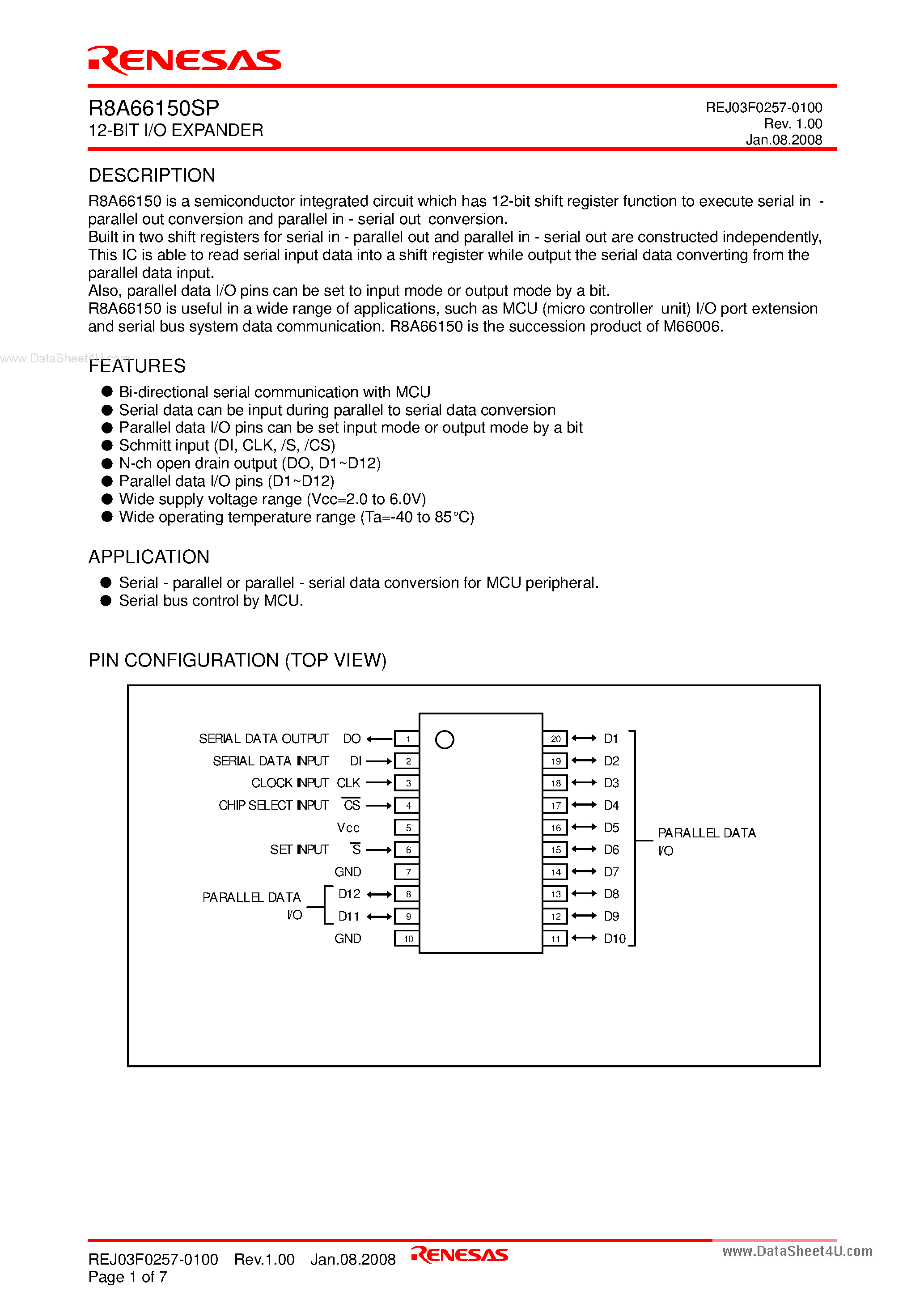 Даташит на микросхему R8A66150SP страница 1 Даташит R8A66150SP - 12-BIT I/O EXPANDER страница 1