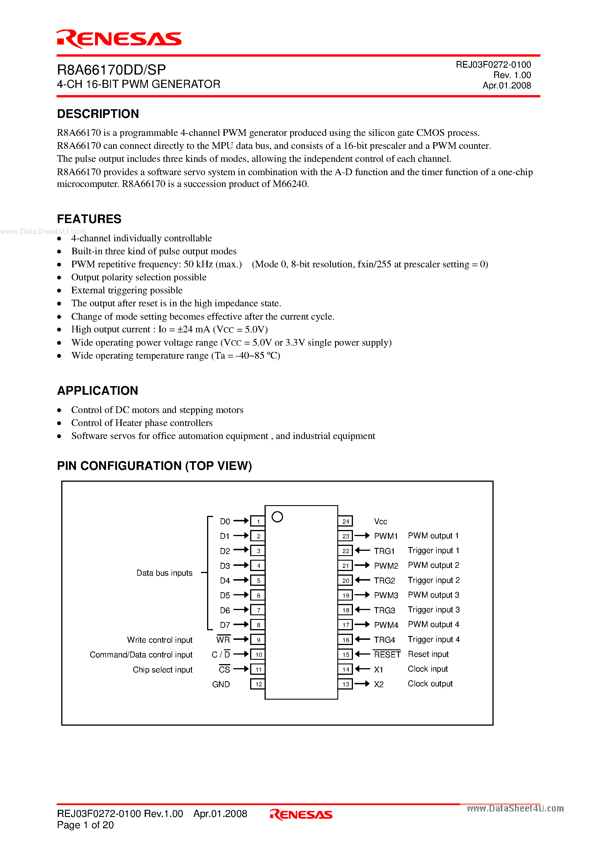 Datasheet R8A66170DD page 1 Datasheet R8A66170DD - 4-CH 16-BIT PWM GENERATOR page 1