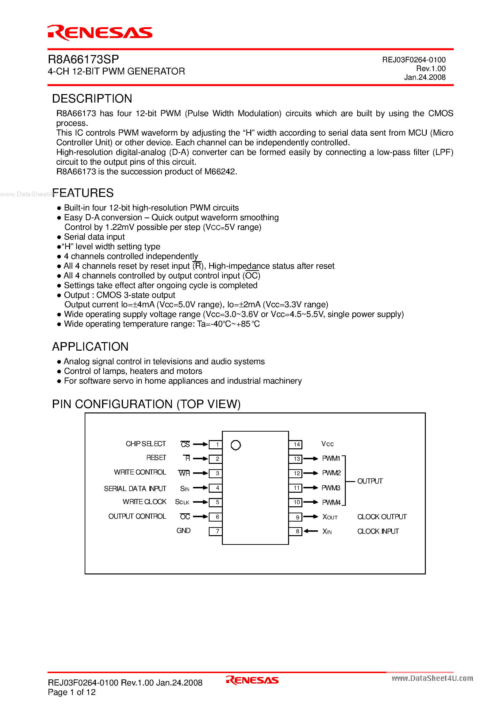 Datasheet R8A66173SP - 4-CH 12-BIT PWM GENERATOR page 1