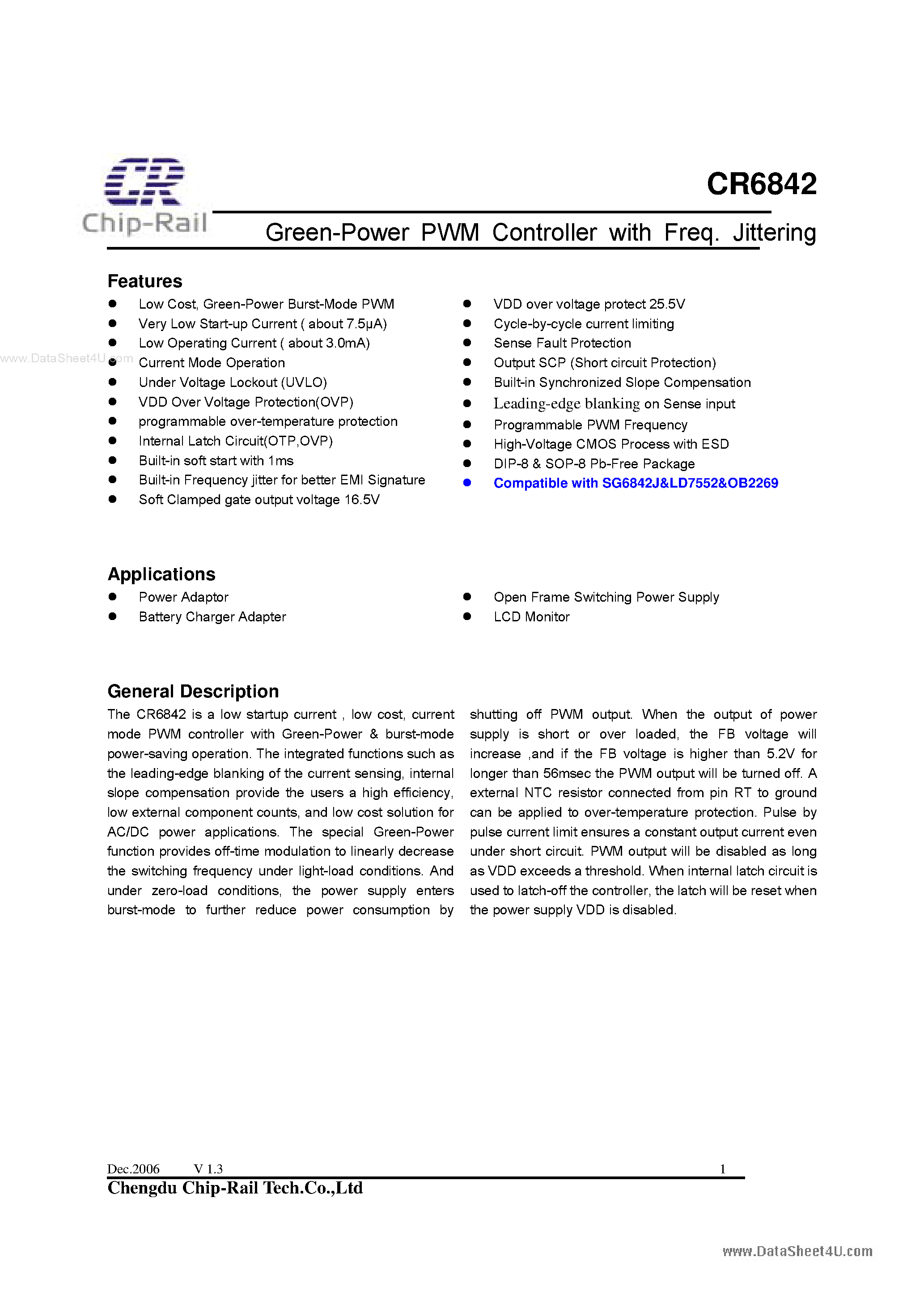 Даташит на микросхему CR6842 страница 1 Даташит CR6842 - Green Power PWM Controller страница 1