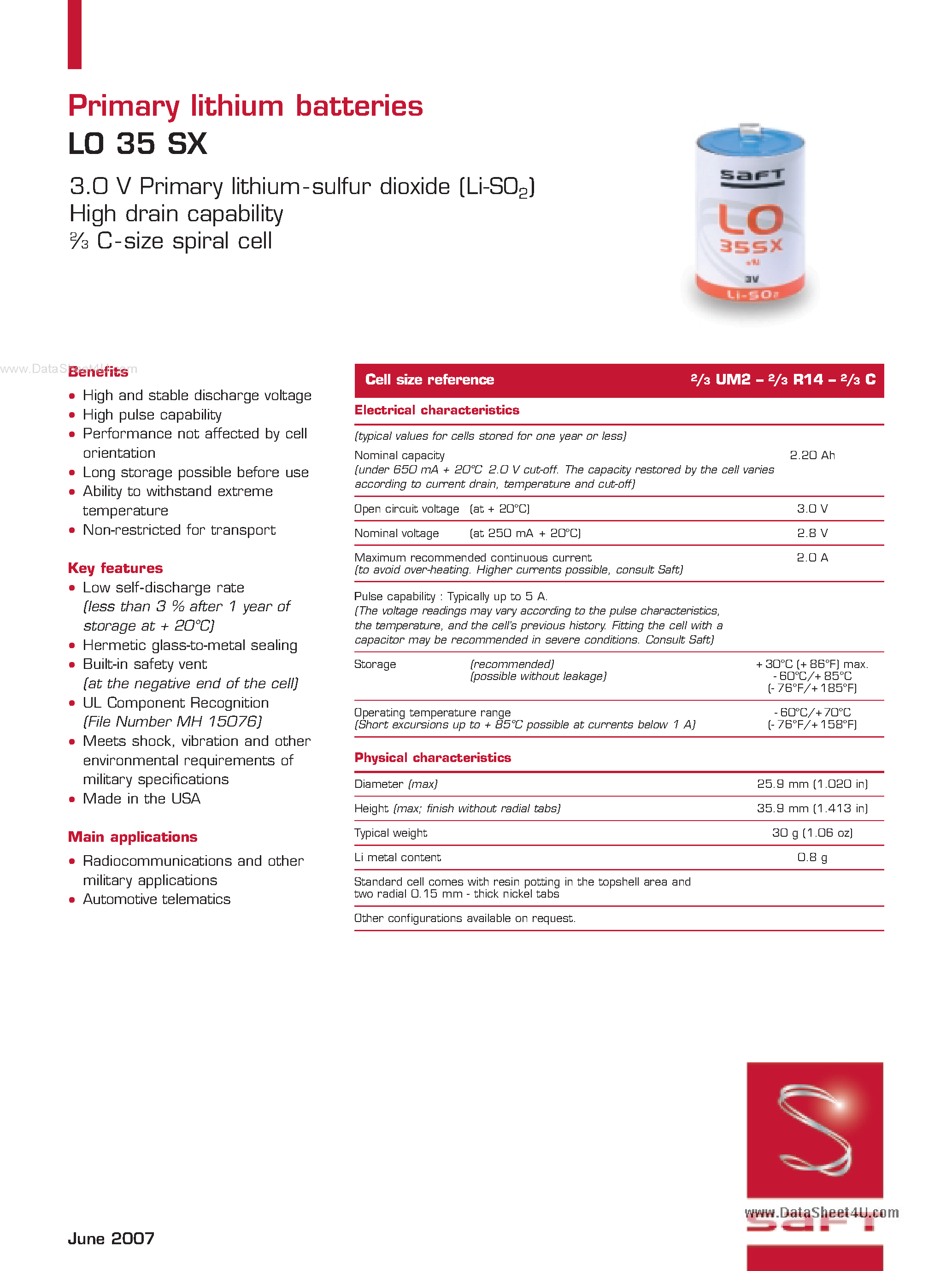 Datasheet LO35SX page 1 Datasheet LO35SX - Primary Lithium Batteries page 1