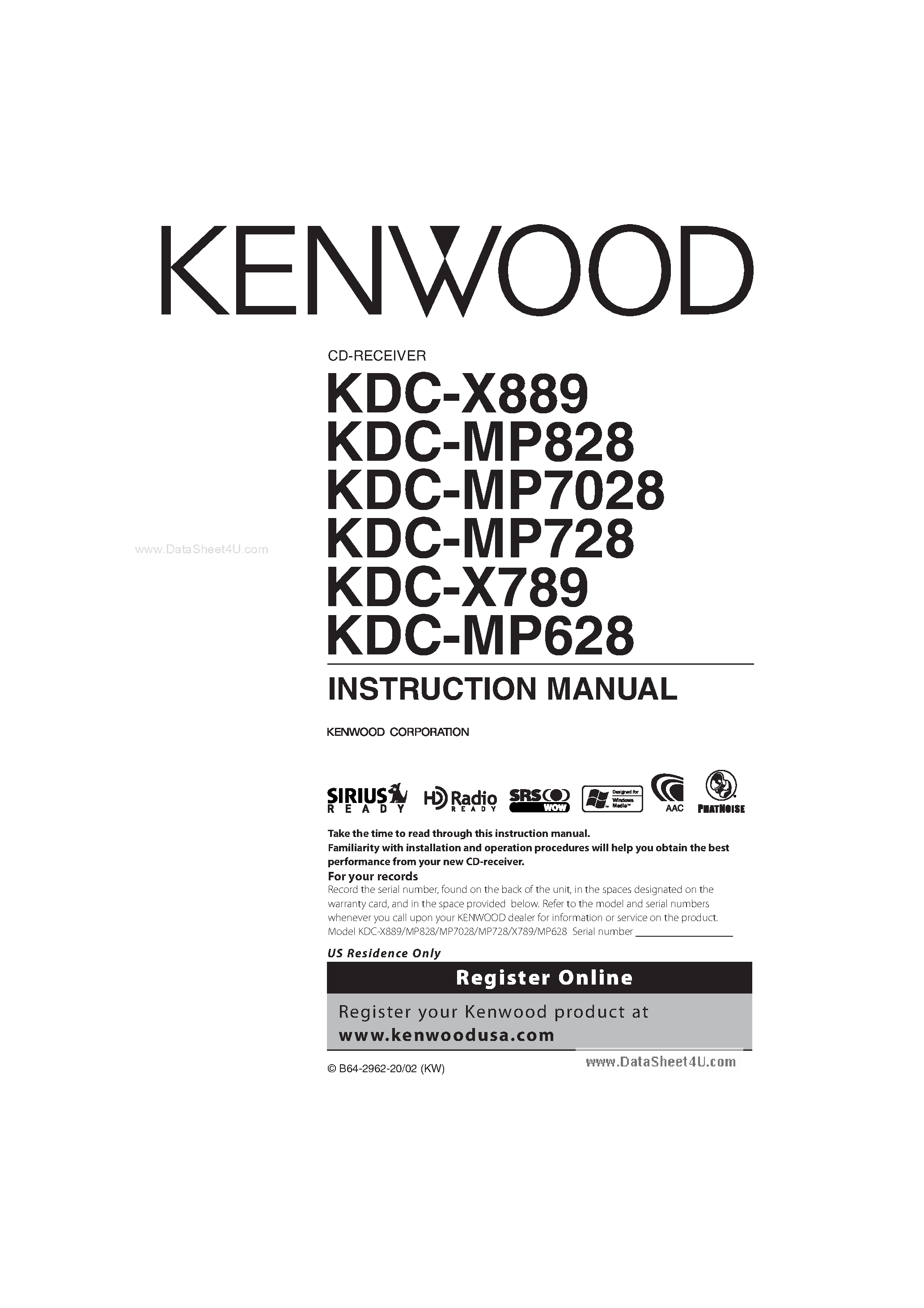 Datasheet KDC-MP628 - (KDC-xxxx) CD Receiver Manual page 1