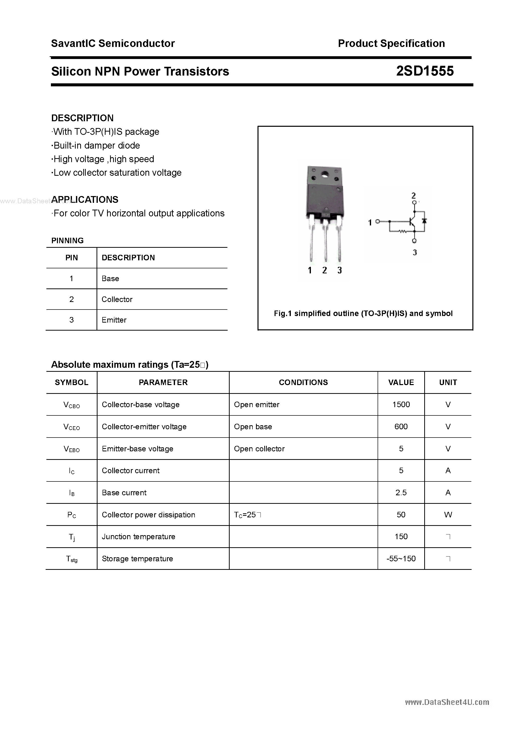 Datasheet 2SD1555 - Silicon NPN Power Transistors page 1