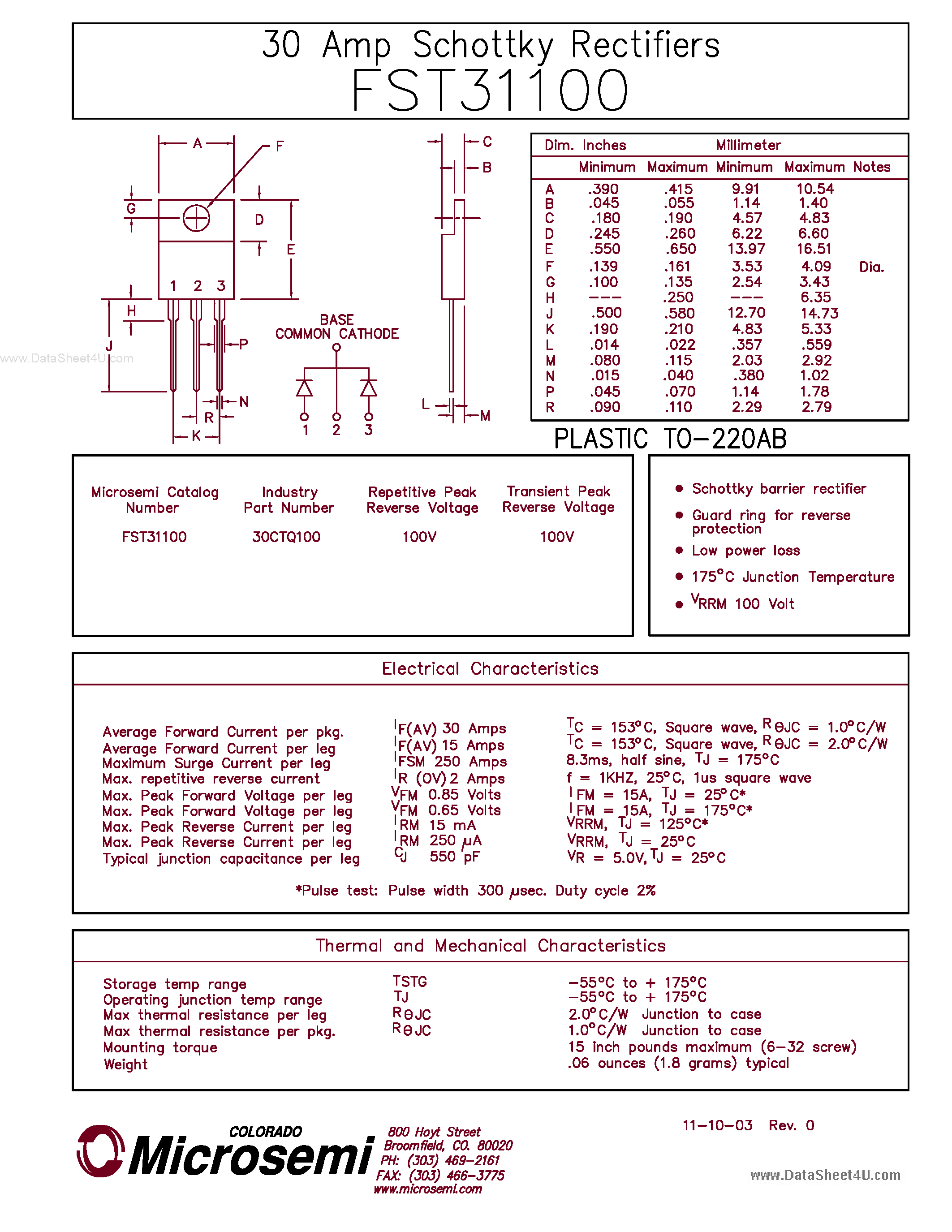 Даташит FST31100 - 30 AMP SCHOTTKY RECTIFIERS страница 1