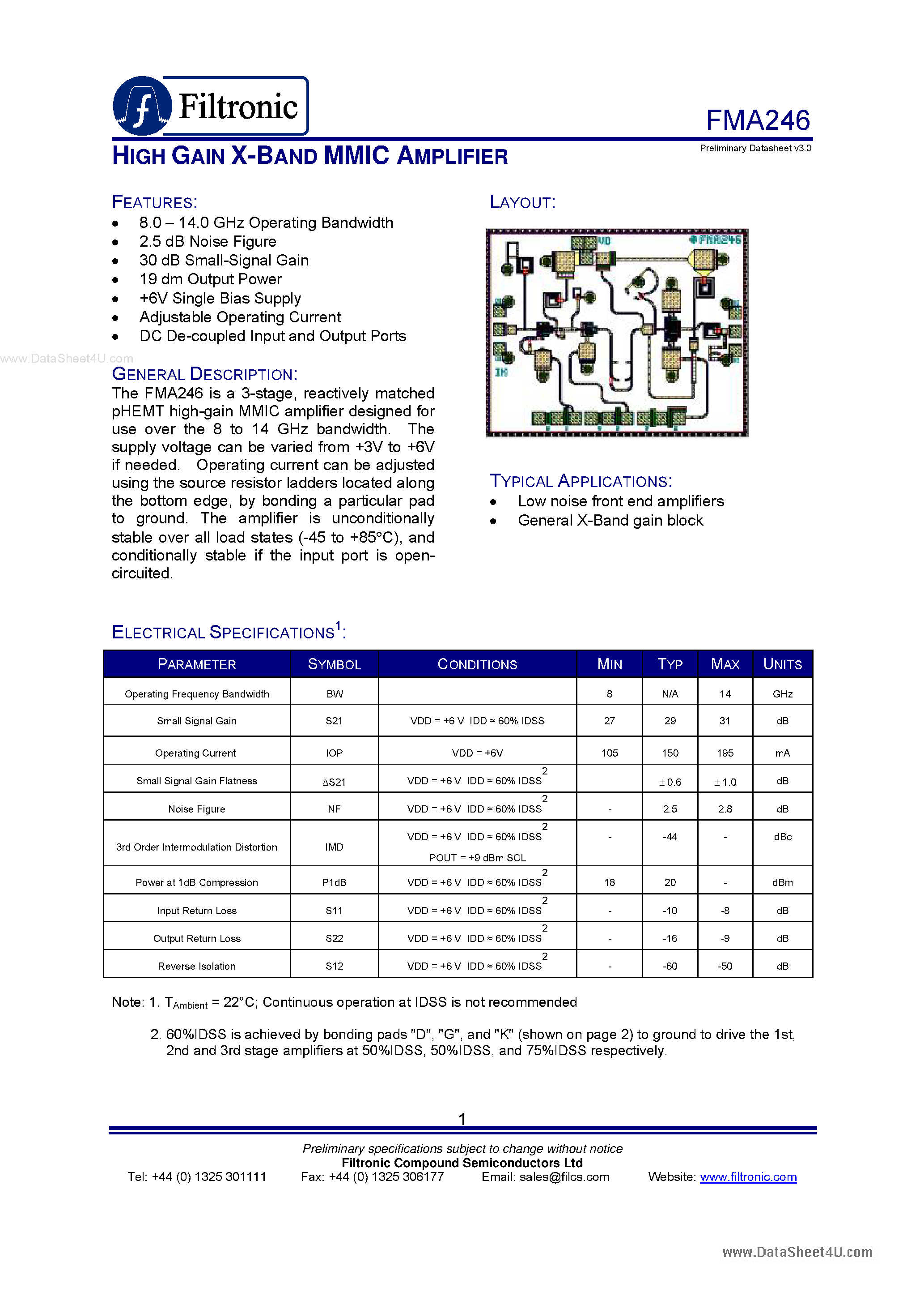 Даташит FMA246 - HIGH GAIN X-BAND MMIC AMPLIFIER страница 1