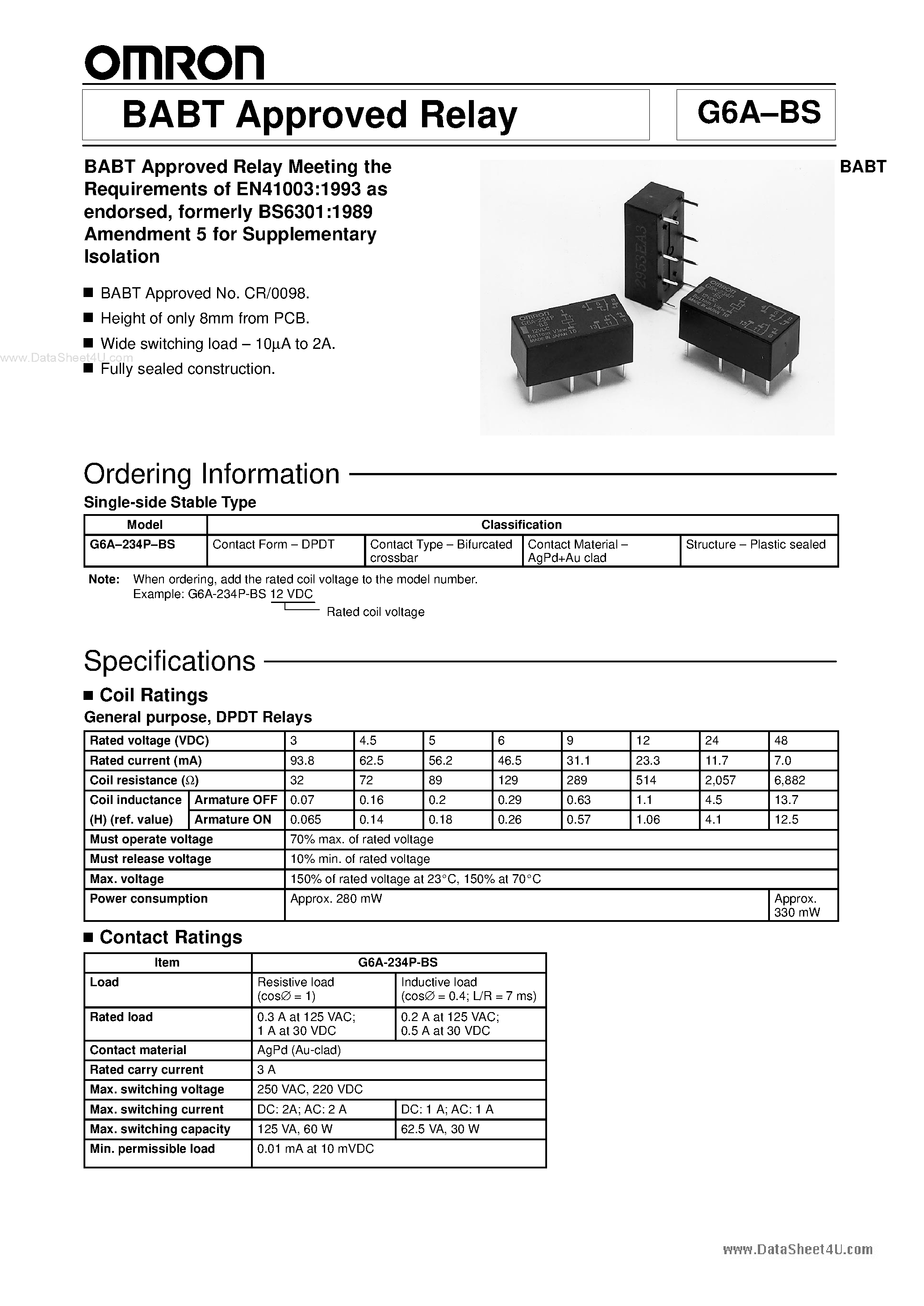 Даташит G6A-234P-BS - BABT Approved Relay страница 1