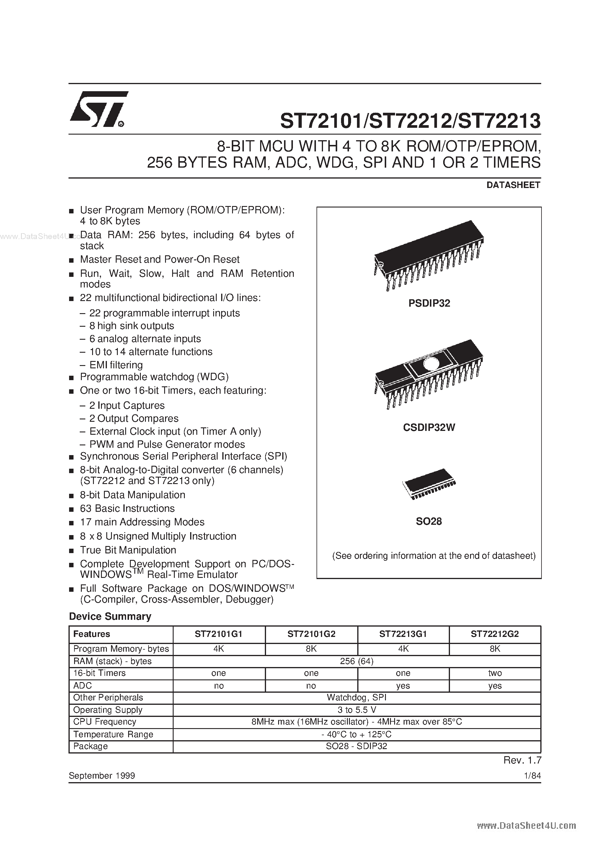 Datasheet ST72101 page 1 Datasheet ST72101 - (ST72xxx) 8-BIT MCU page 1