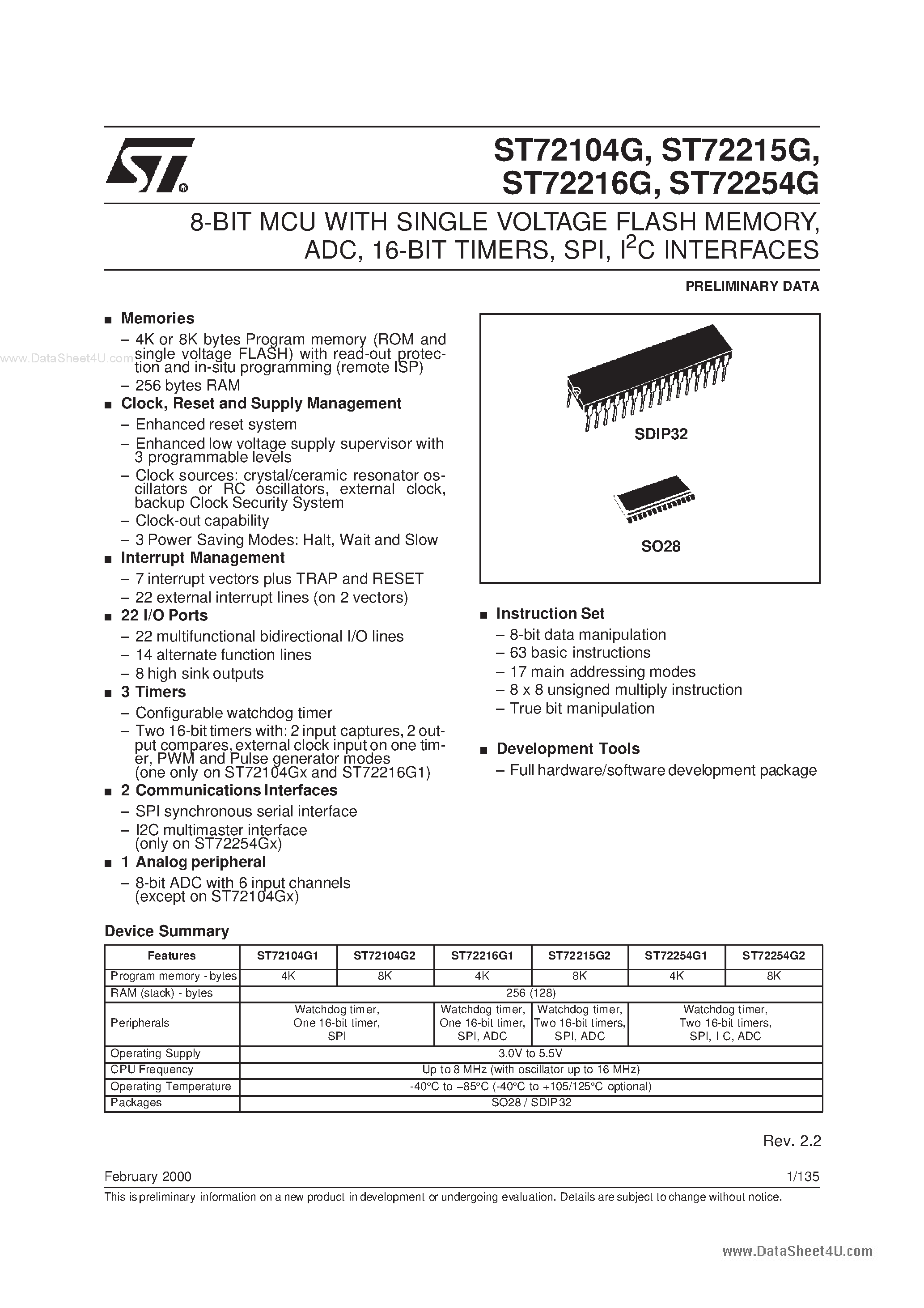 Datasheet ST72104G page 1 Datasheet ST72104G - (ST72xxxG) 8-BIT MCU page 1