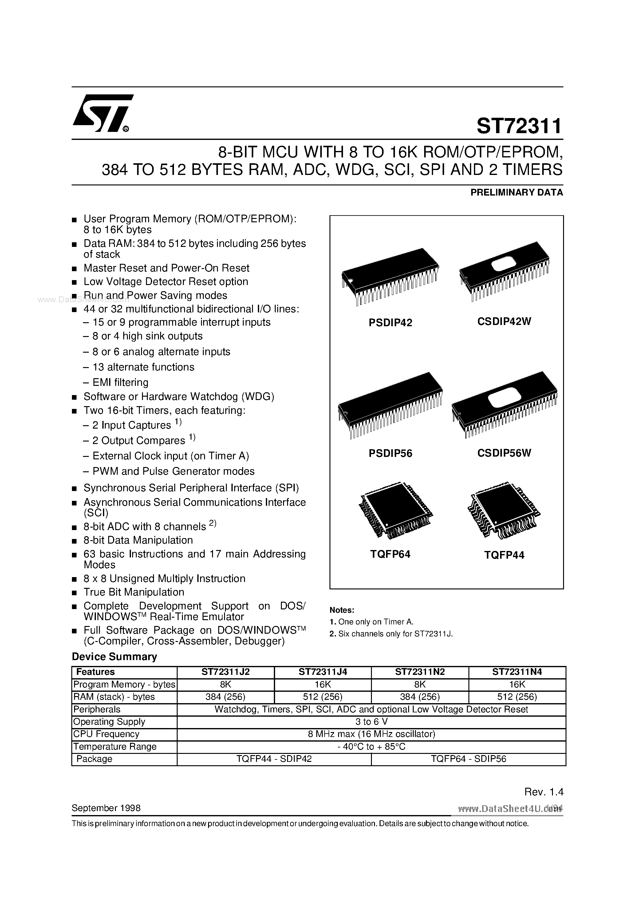 Datasheet ST72311 page 1 Datasheet ST72311 - 8-BIT MCU page 1